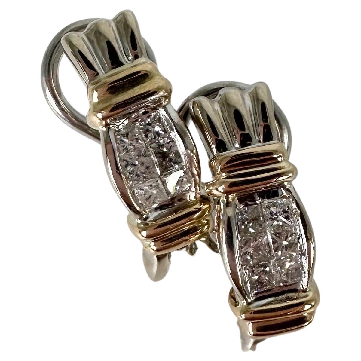 Diamond Earrings Omega 14K Two Tone Gold Earrings Invisible Setting Earrings For Sale