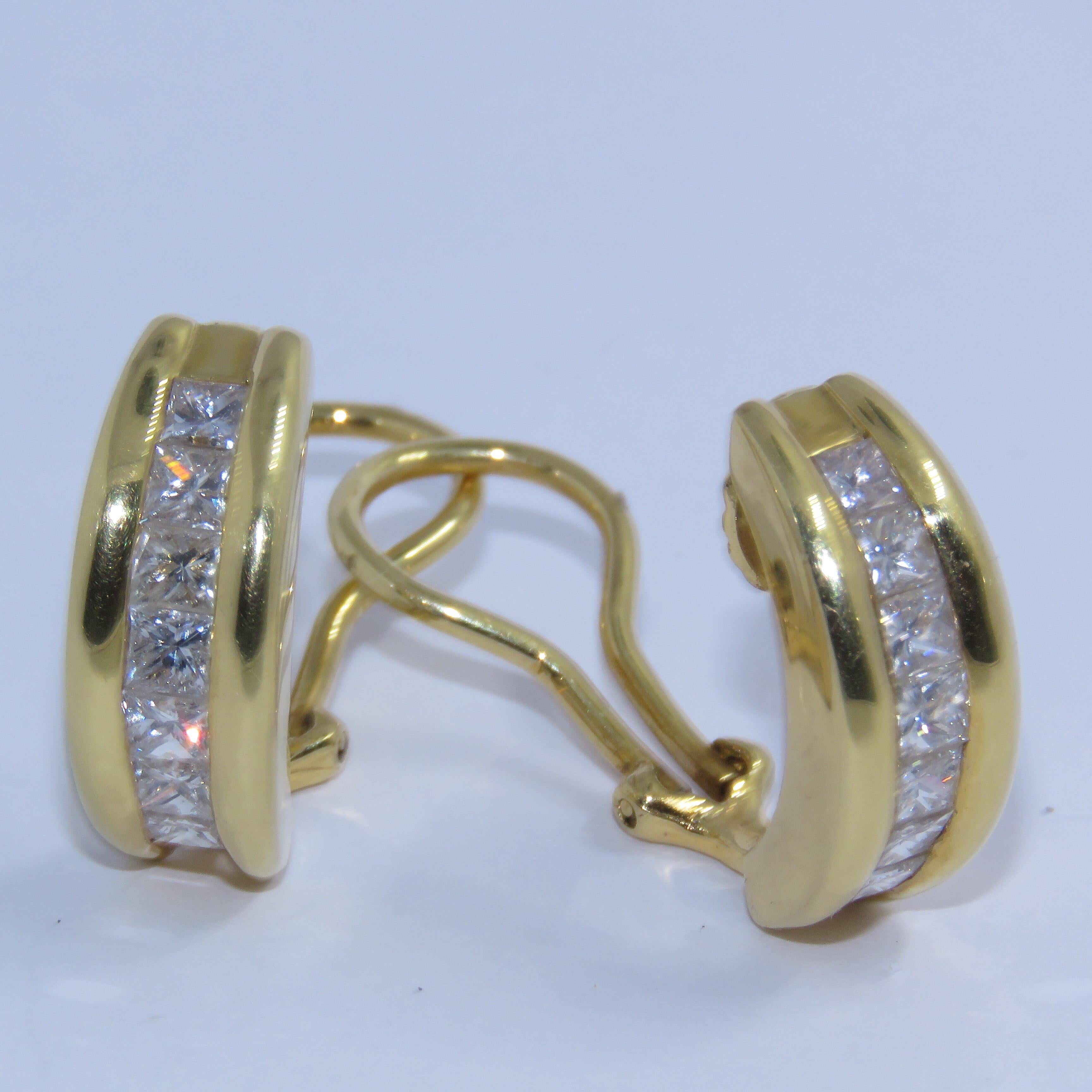 Princess Cut Diamond Earrings 
Diamonds 2.01 Ct
Channel Set 
18 Kt Yellow Gold 
French Back with collapsible stems 