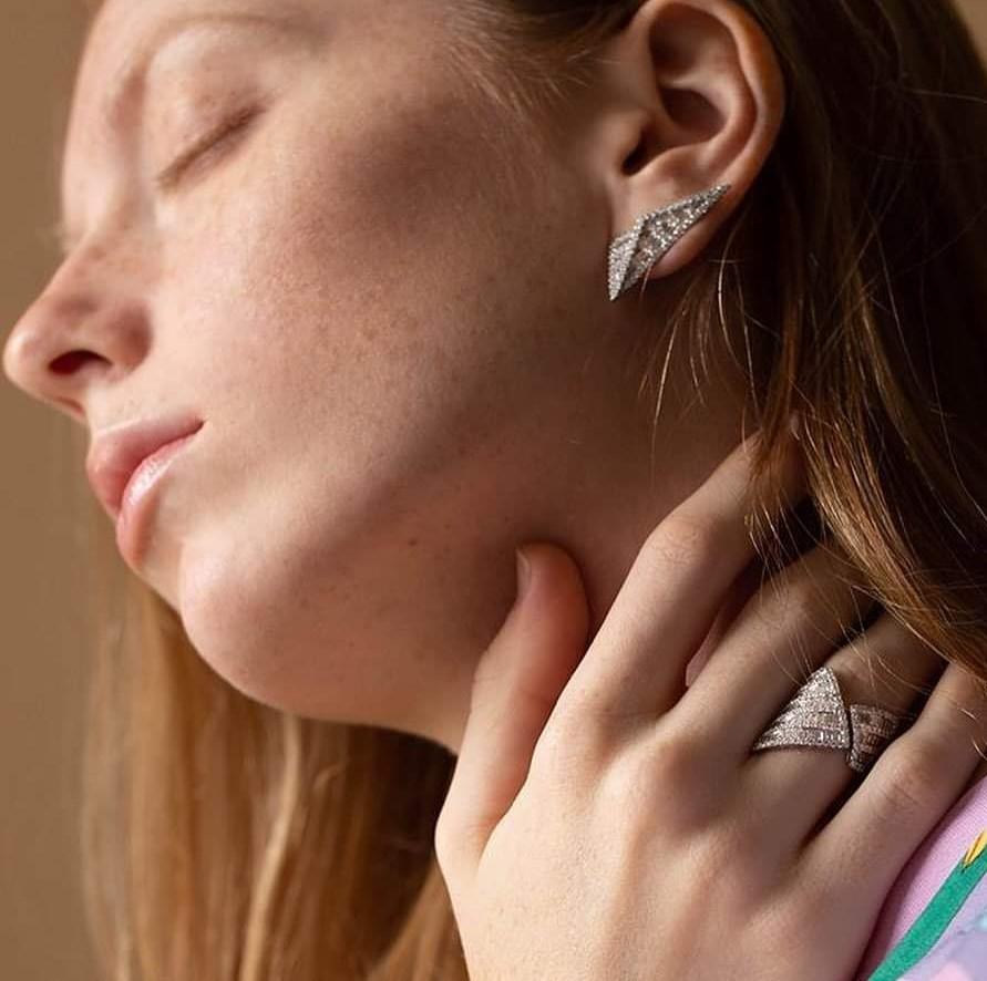 Mixed Cut Diamond Earrings set in 18K White Gold Settings For Sale