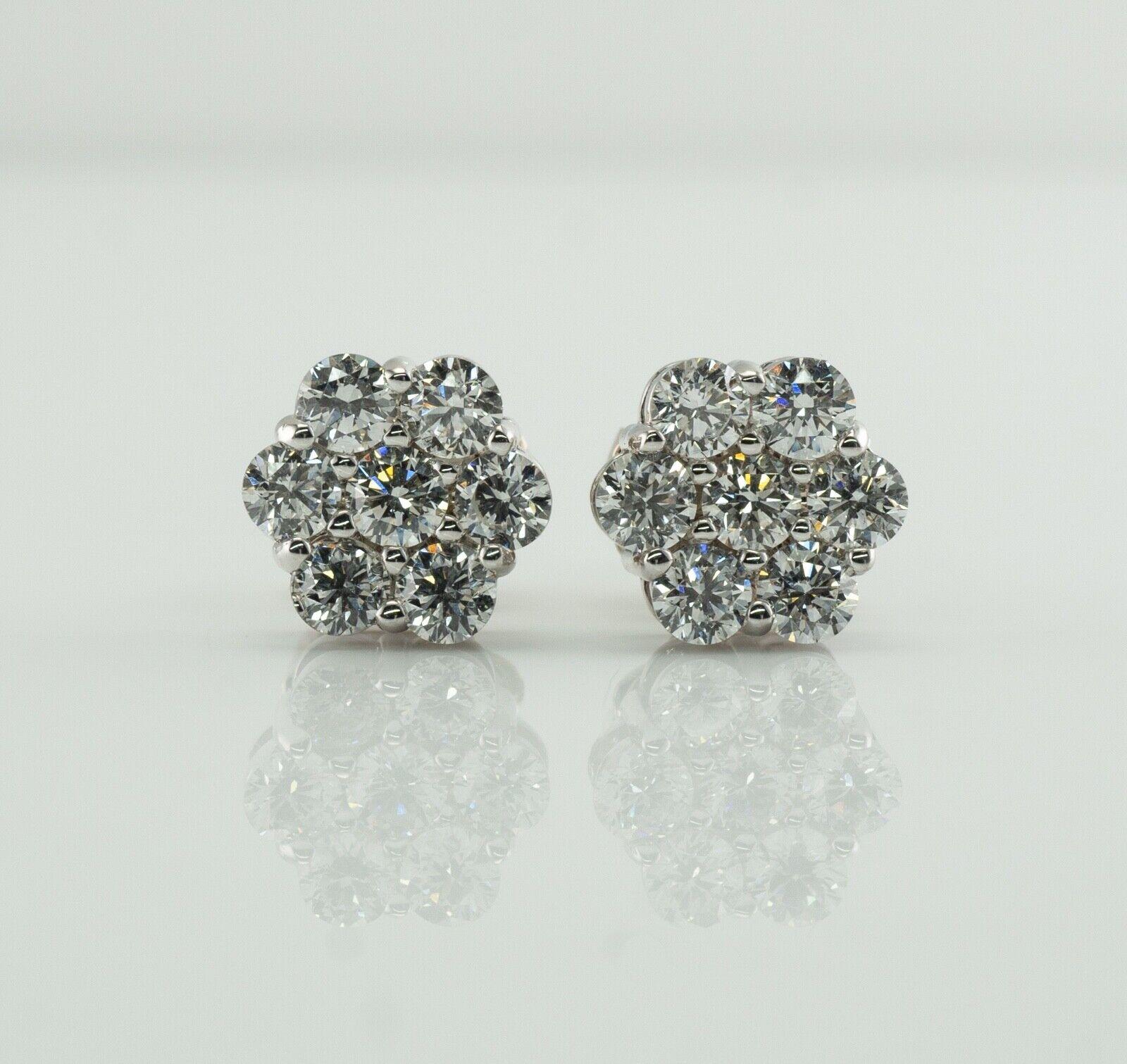 Women's Diamond Earrings Studs 14K White Gold Cluster 1.12 TDW For Sale