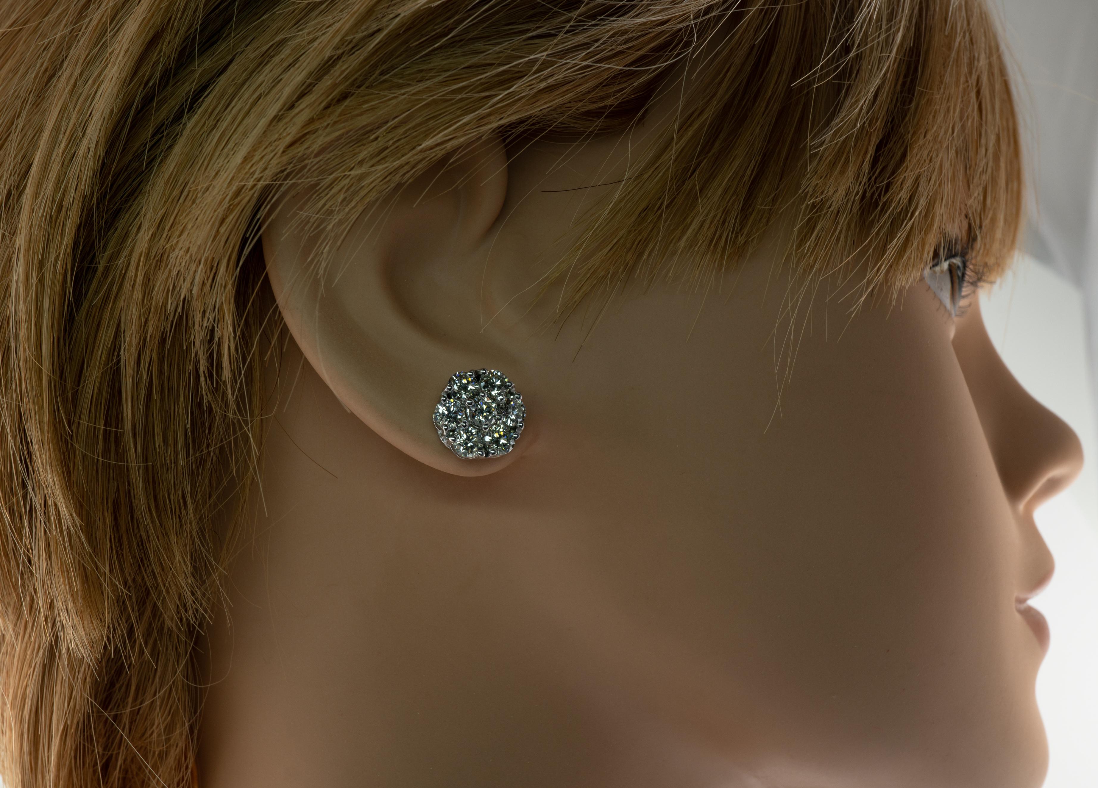 Round Cut Diamond Earrings Studs 14K White Gold Cluster  4.20 TDW
