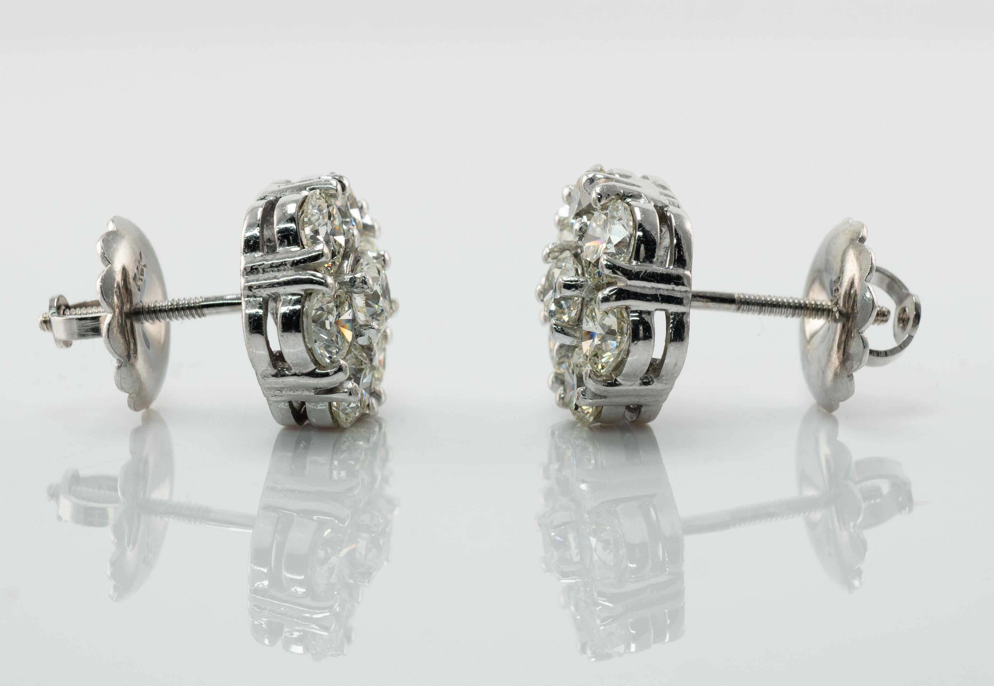 Diamond Earrings Studs 14K White Gold Cluster  4.20 TDW In Good Condition In East Brunswick, NJ