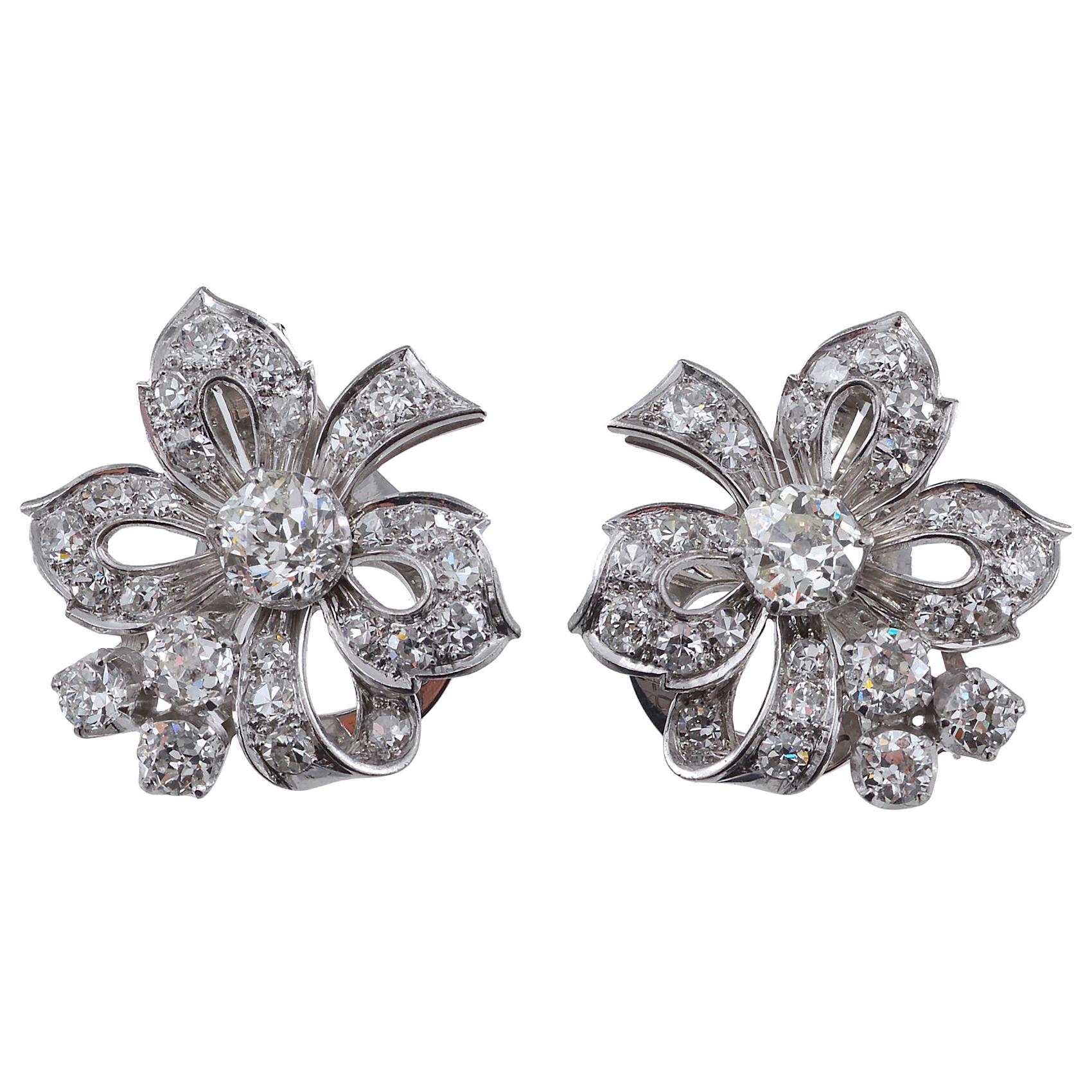 Diamond Earrings Stylised as Tied Bows, circa 1950 For Sale