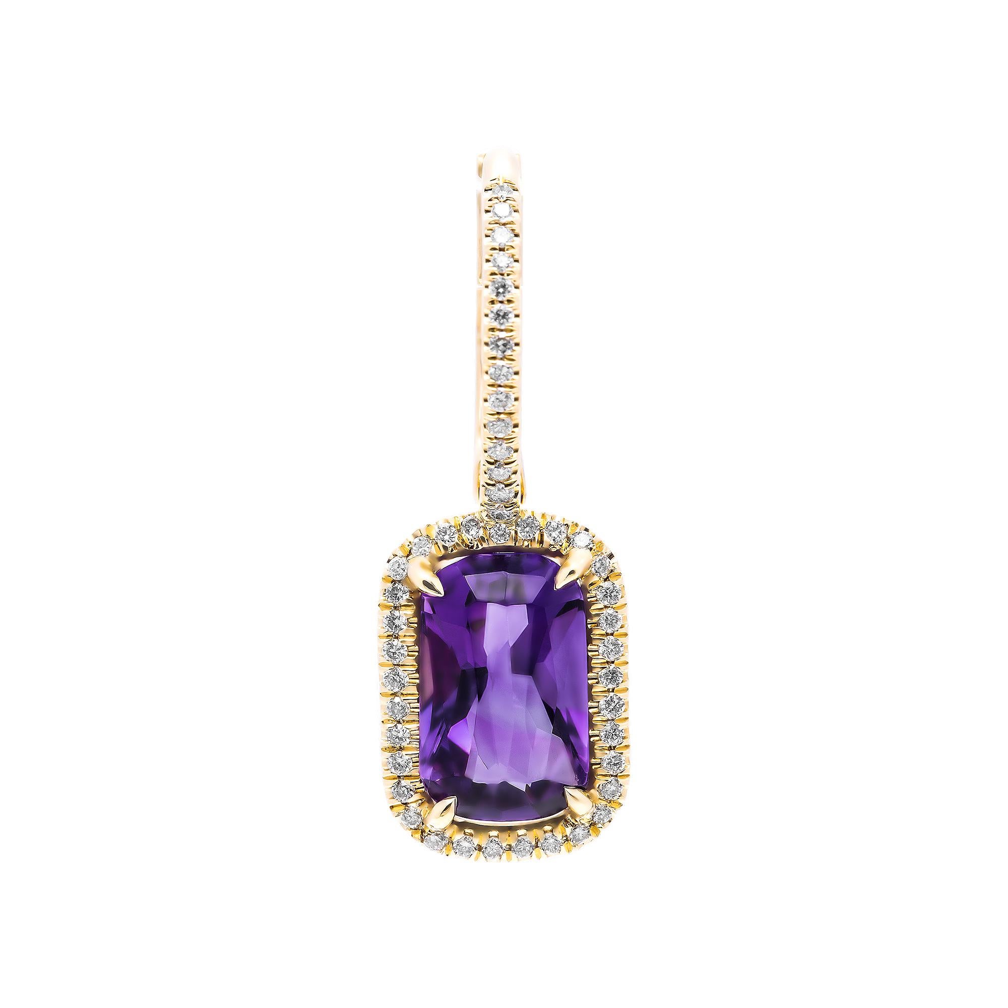 Unique and Elegant, one of a kind custom made Earrings that you won't see anywhere else!
Earring featuring 2 Amethyst Stones Step Cut 2 carat each (each earring) totaling 0.85ct on the pave on the lever backs and halo around each stone (full cut