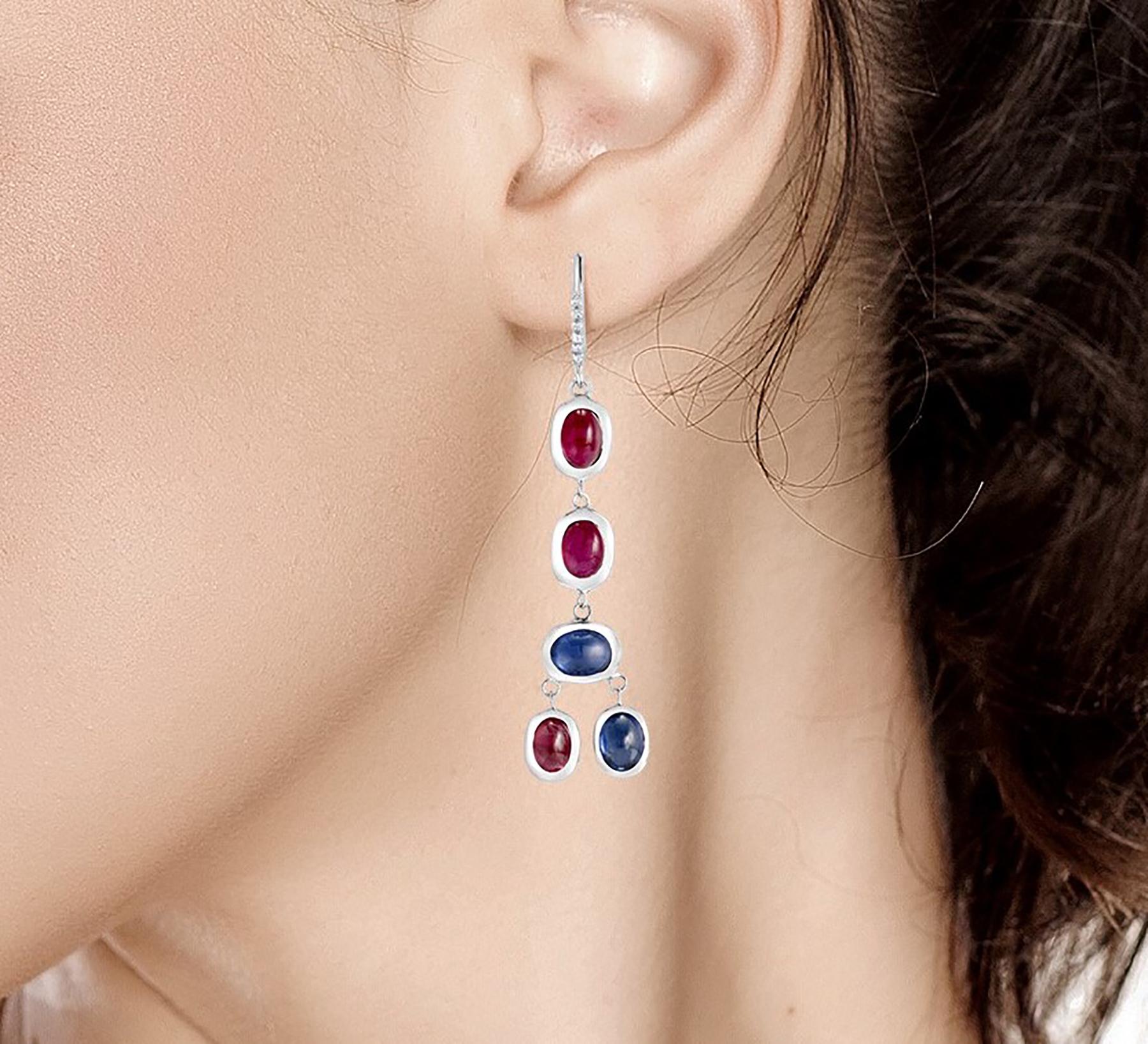 Diamond Cabochon Ruby Sapphire Hoop Two Inch Long Earrings Weighing 17.06 Carat In New Condition In New York, NY