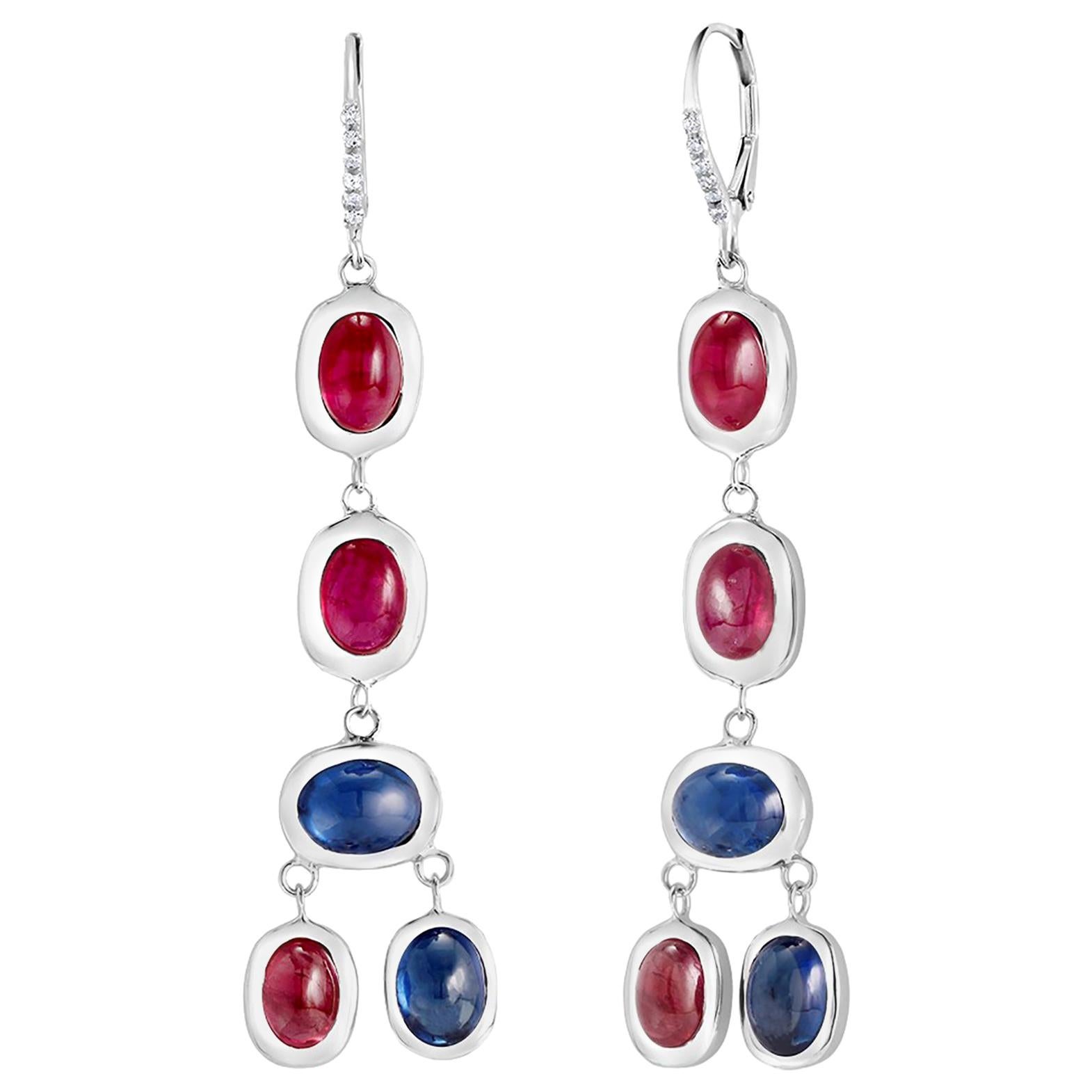 Oval Cut Diamond Cabochon Ruby Sapphire Hoop Two Inch Long Earrings Weighing 17.06 Carat