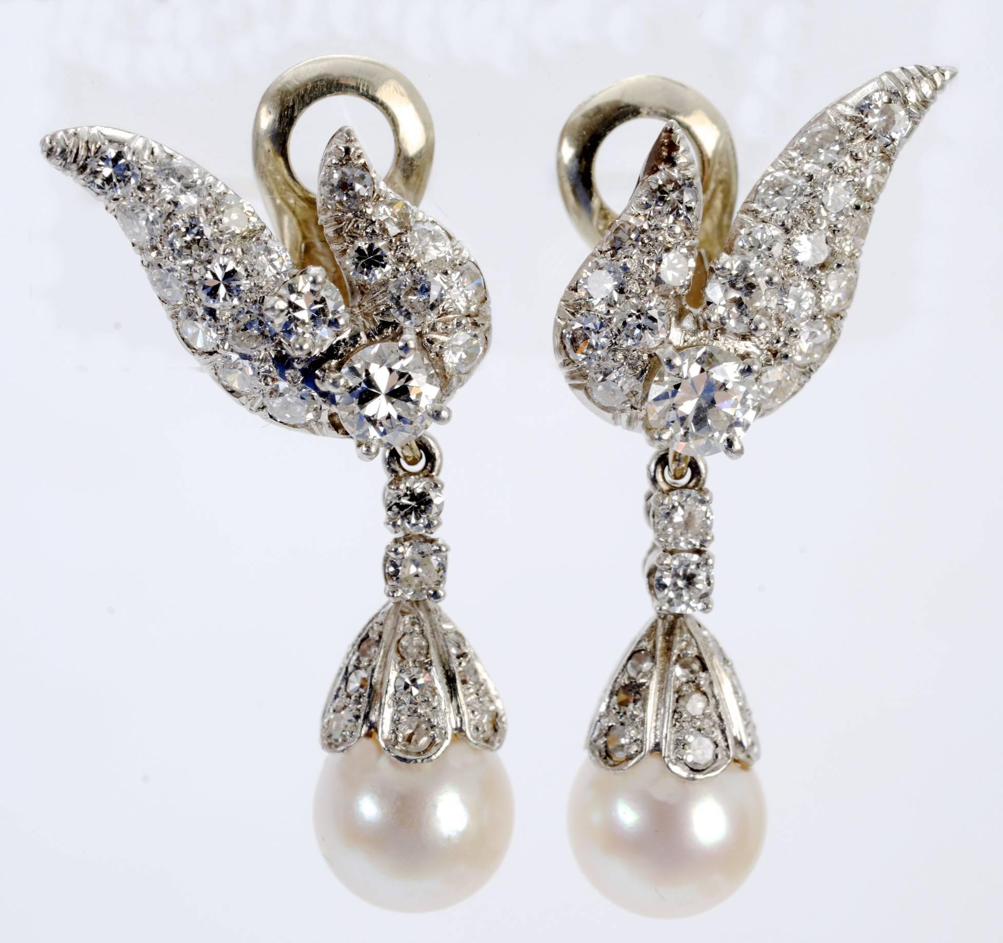 Round Cut Diamond Earrings with Detachable Pearl and Diamond Drops by Charles Vaillant