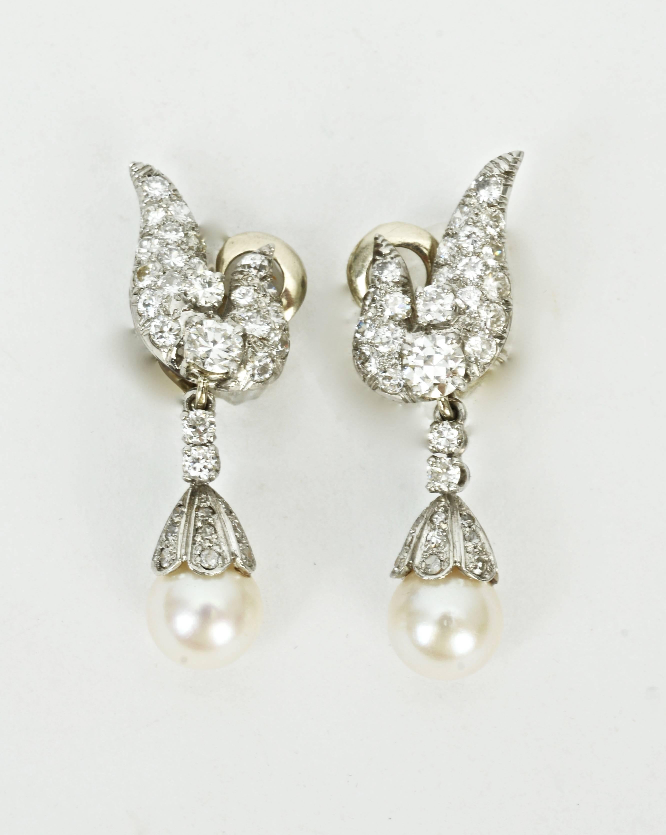 Diamond Earrings with Detachable Pearl and Diamond Drops by Charles Vaillant In Good Condition In valatie, NY