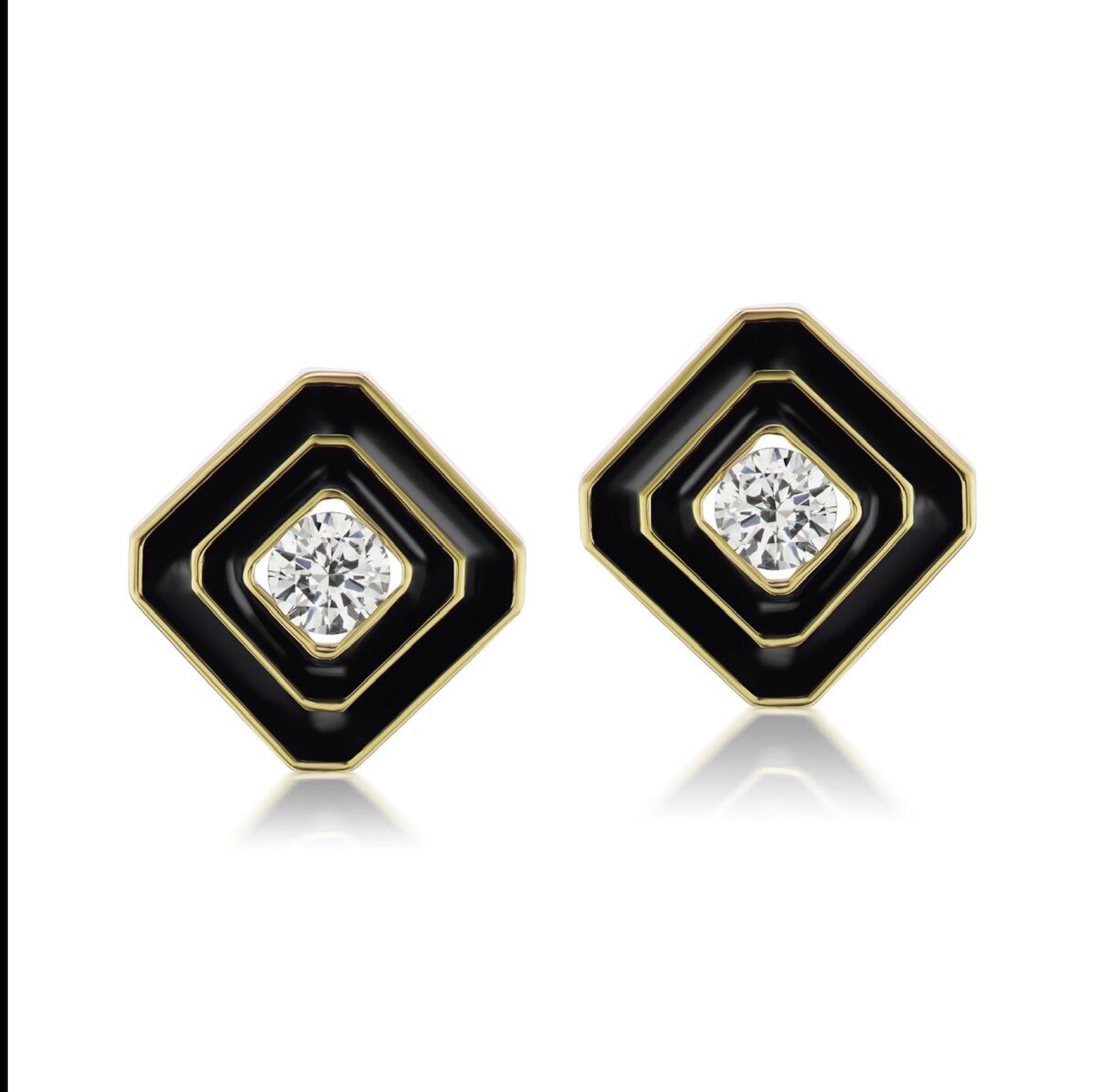 Andrew Glassford's Museum Series Day to Night Earrings with Detachable Sleeping Beauty Turquoise drops. The Black Enamel and .44 carat Diamonds square framed studs stand beautifully on their own or the Marquis Diamond and Oval shaped Turquoise can