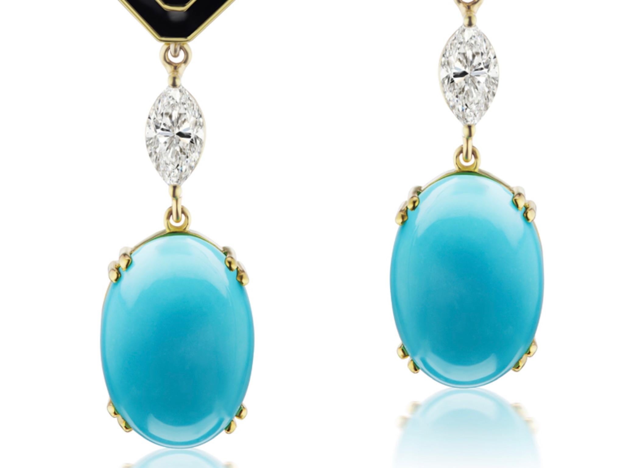 Marquise Cut Turquoise and Diamonds Earrings by Andrew Glassford For Sale