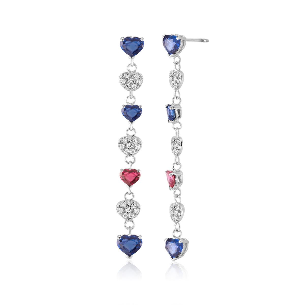 Contemporary Heart Shape Ruby and Sapphire Diamond Hoop White Gold Earrings Weighing 5 Carat
