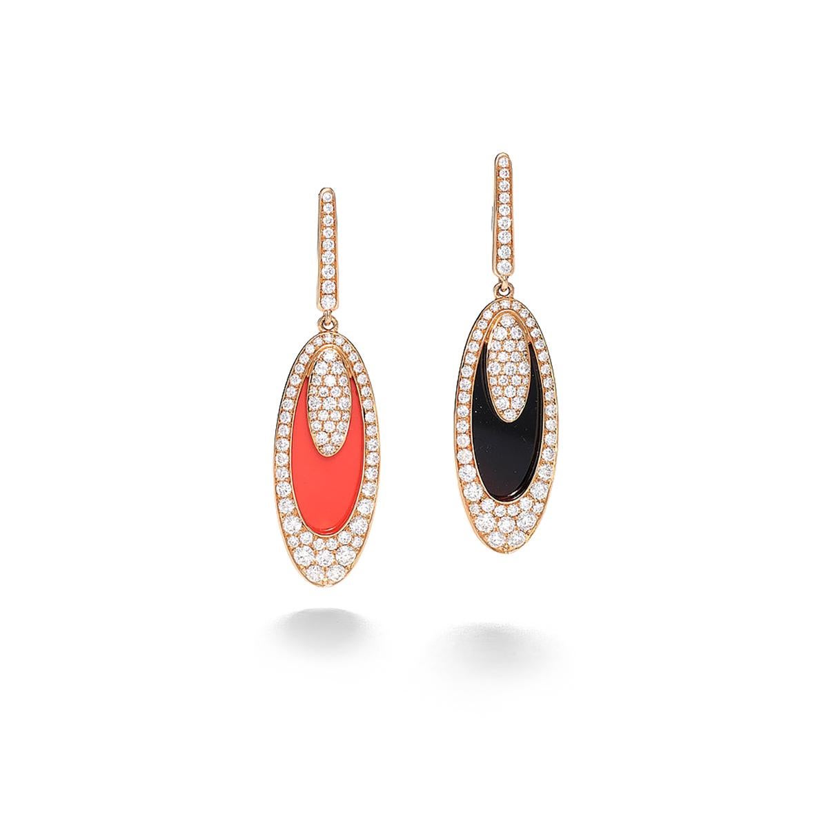Earrings in 18kt pink gold set with 148 diamonds 1.93 cts, one coral 1.66 cts and one onyx 2.52cts    