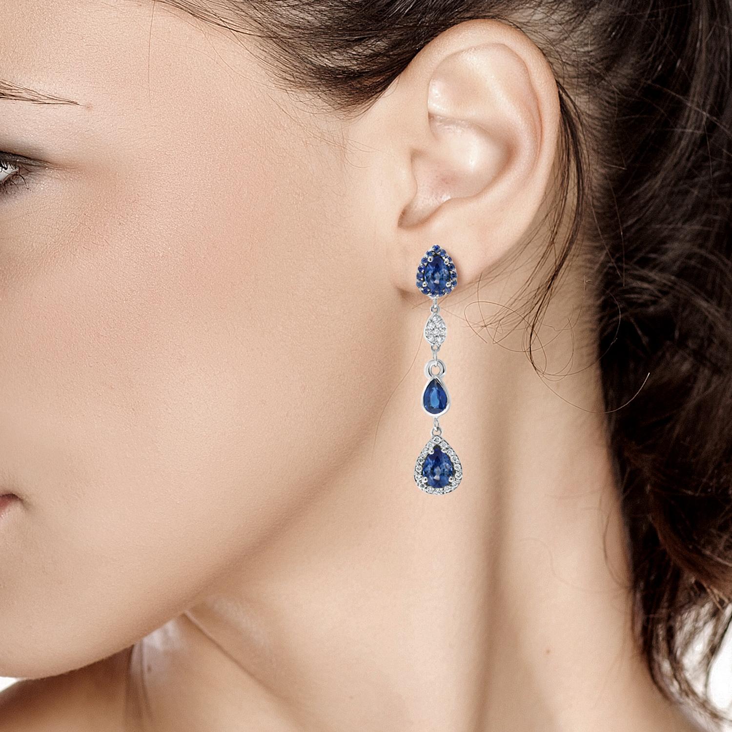 Women's Diamond Earrings with Pear Shape Sapphire Drops Weighing 4.90 Carat