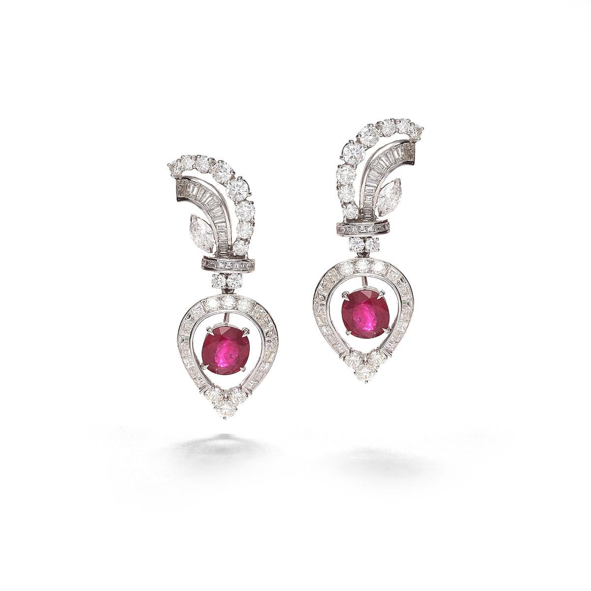 Earrings in 18kt white gold set with 2 rubies 6.66 cts and fancy cut diamonds 7.20 cts