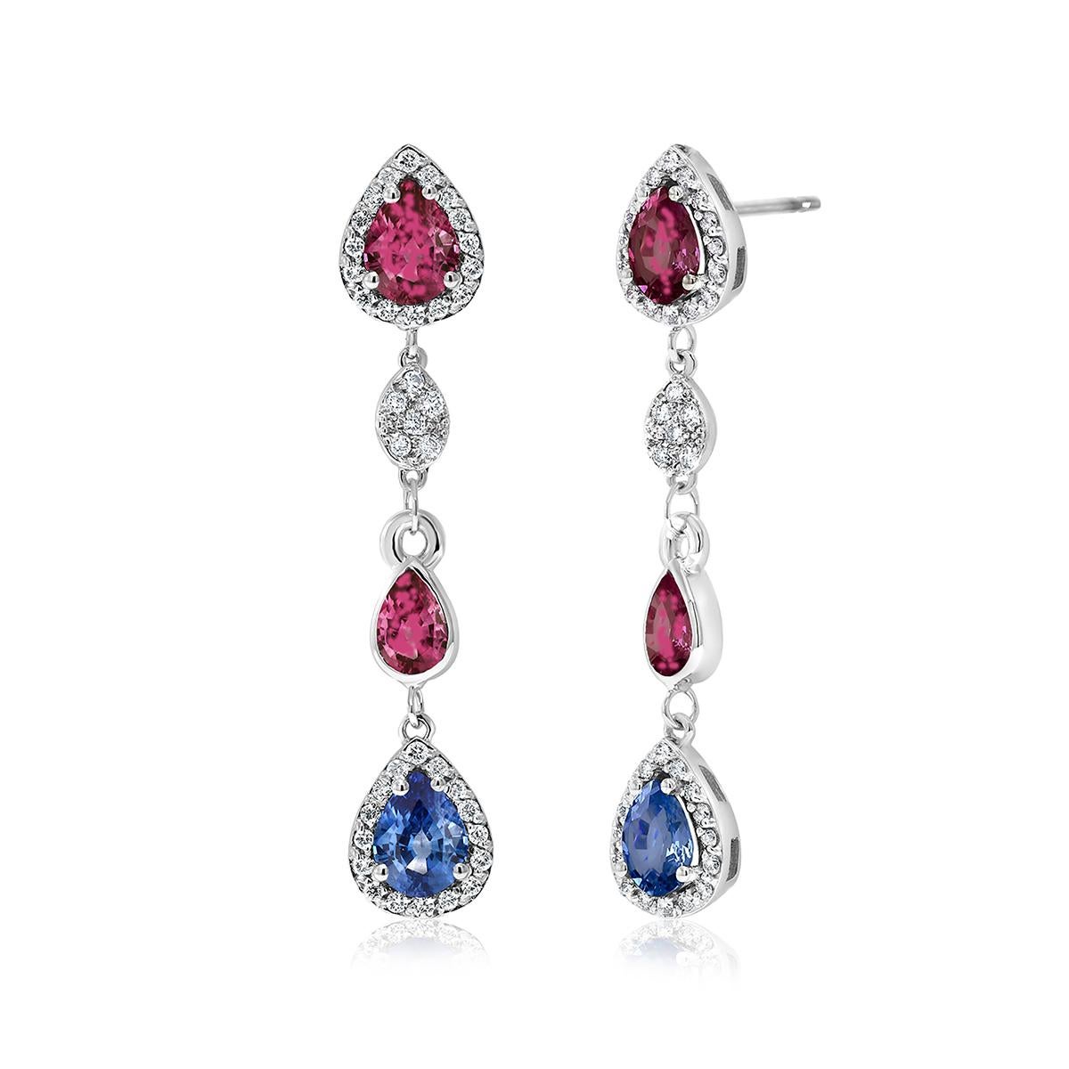 Contemporary Diamond Earrings with Ruby and Sapphire Drops Weighing 4.96 Carat 