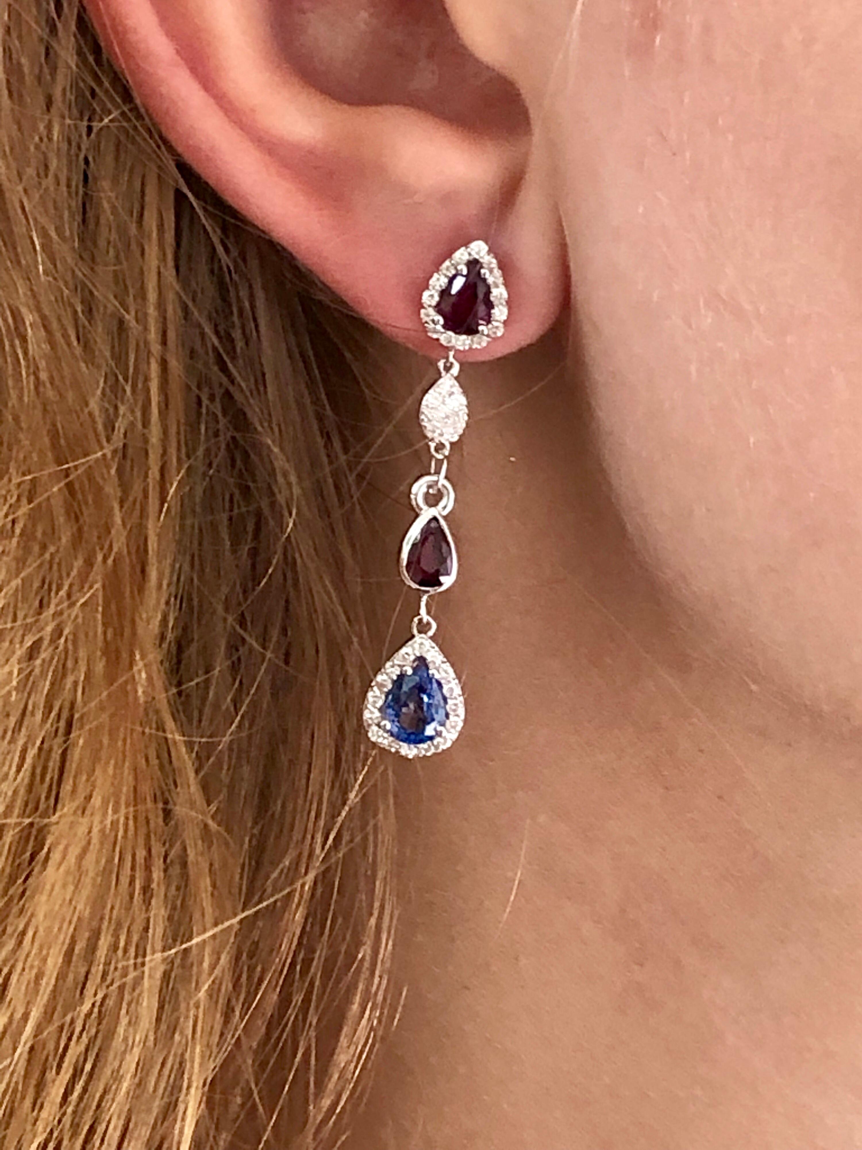 Pear Cut Diamond Earrings with Ruby and Sapphire Drops Weighing 4.96 Carat 