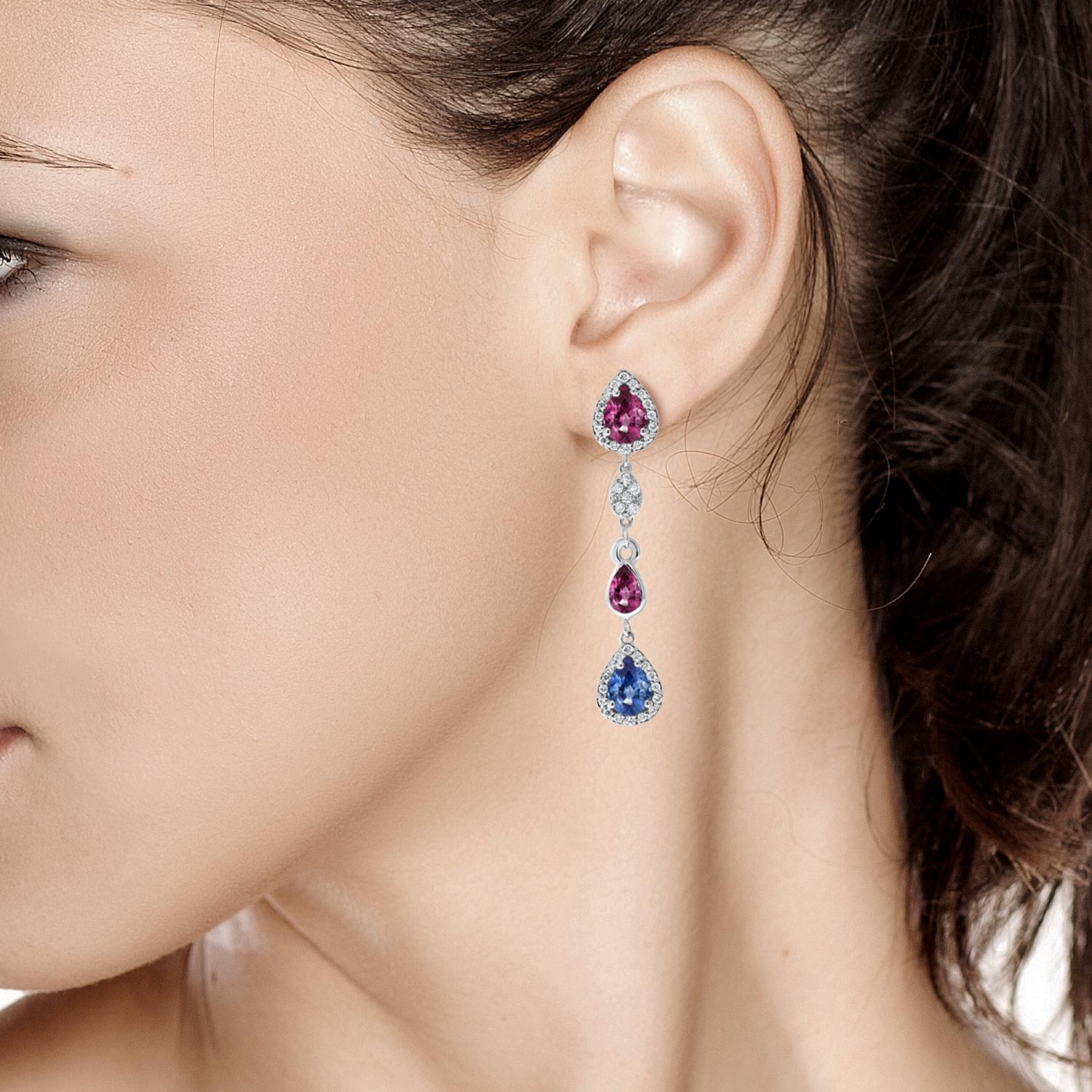 Diamond Earrings with Ruby and Sapphire Drops Weighing 4.96 Carat  In New Condition In New York, NY
