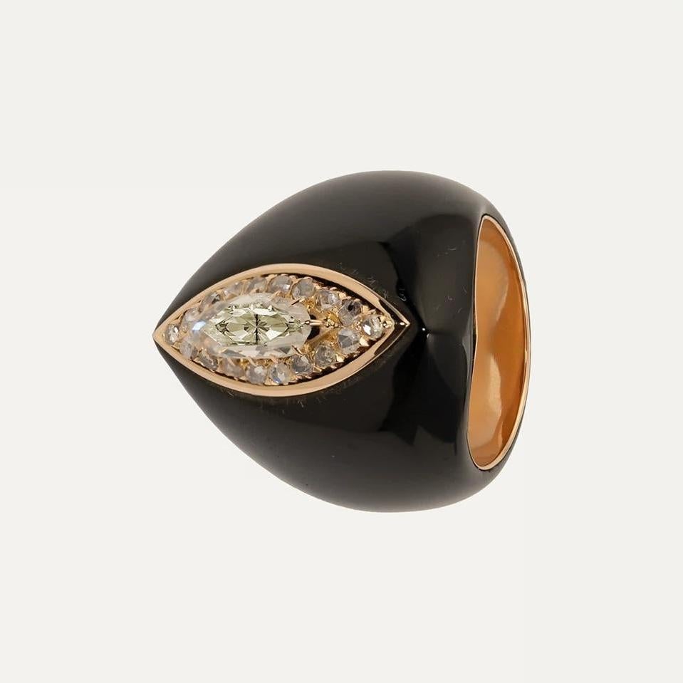 19.2kt – 800‰ rose gold ring  made site ebonite set with  cut diamond around 1.50ct surrounded by 18 diamonds. Not adjustable.
