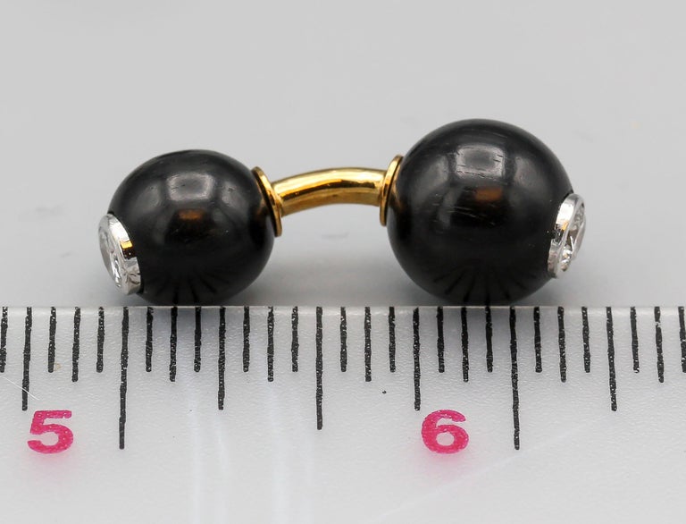 Diamond Ebony Wood 18k Gold Dumbbell Cufflinks  In Good Condition For Sale In New York, NY