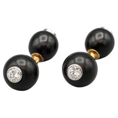 Diamond Ebony Wood 18k Gold Dumbbell Cufflinks 