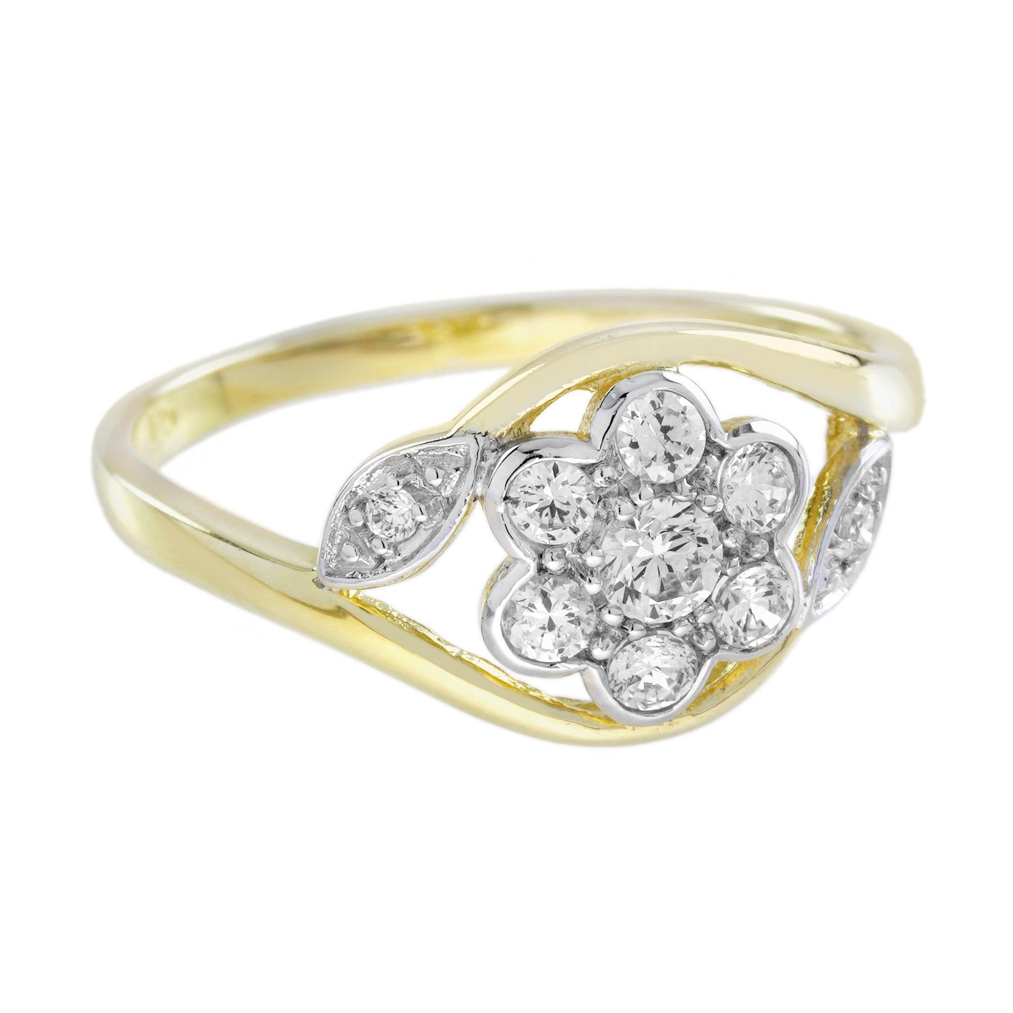 Round Cut Diamond Edwardian Daisy Floral Style Engagement Ring in 18K Two Tone Gold For Sale