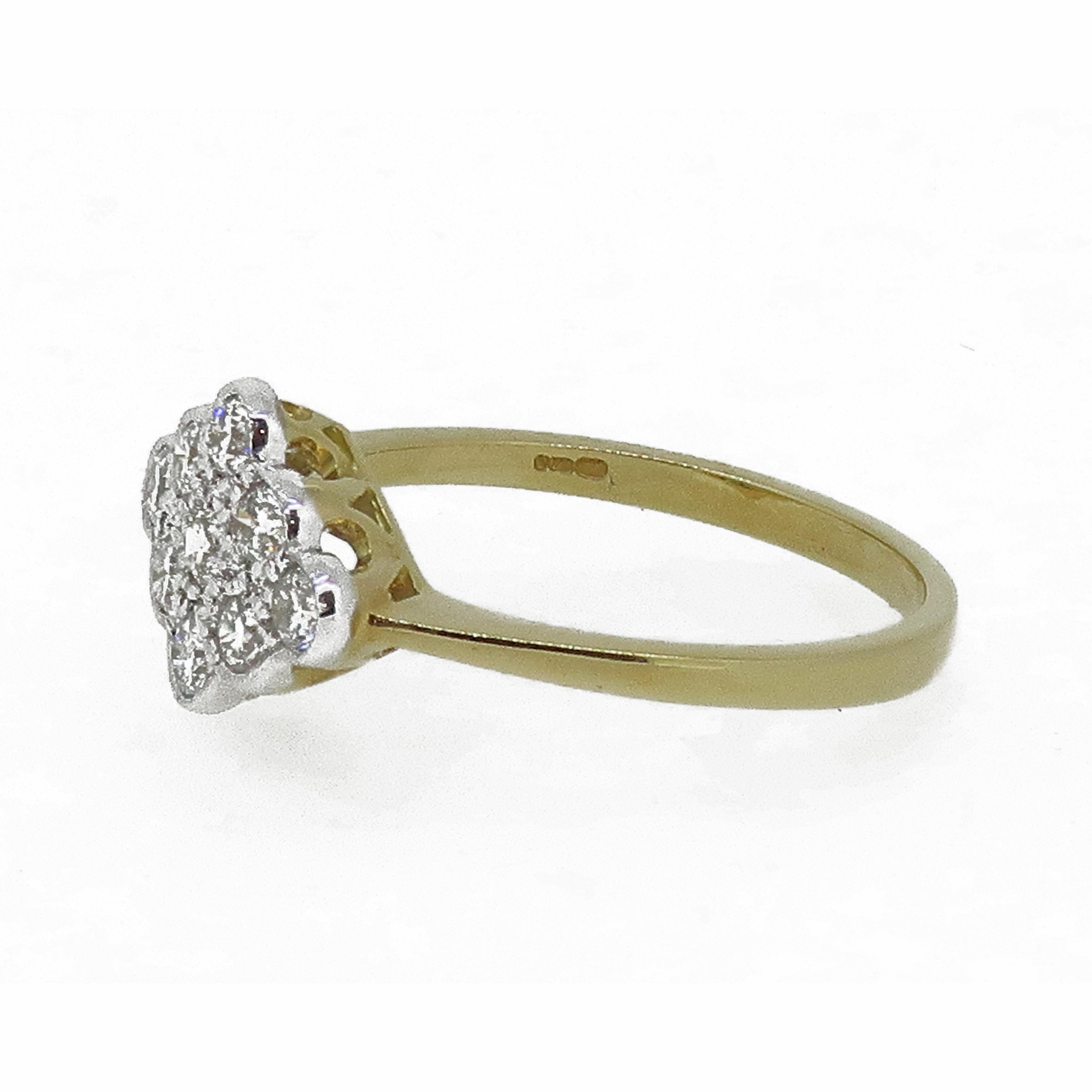 Diamond Edwardian Style Cluster Ring 18ct Yellow & White Gold 

A dazzling Edwardian style diamond cluster ring. Delicate and understated brilliant cut diamond cluster ring, consisting of nine white brilliant cut diamonds. All diamonds encased in