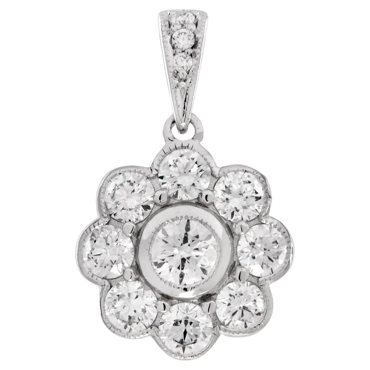 Diamond Edwardian Style Floral Cluster Pendant in 18K White Gold