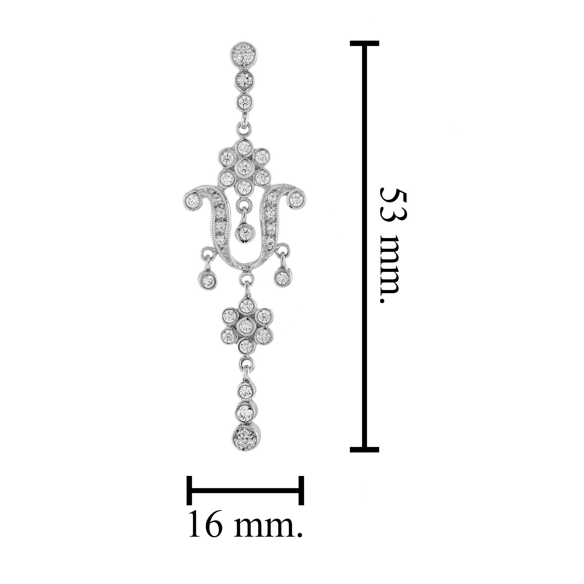 Diamond Edwardian Style Floral Dangle 14K White Gold Drop Earrings In New Condition For Sale In Oakton, VA