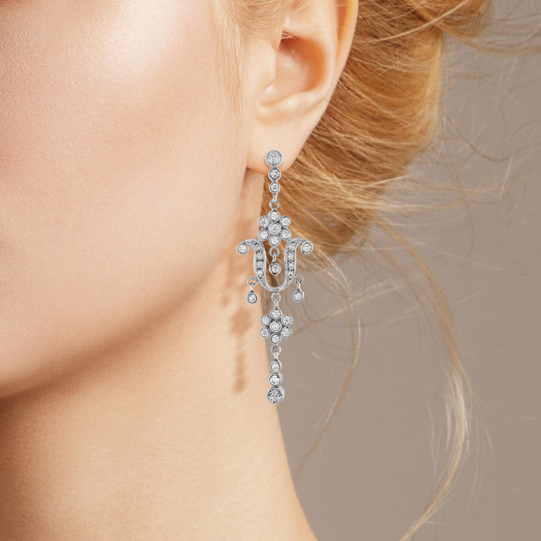 Women's Diamond Edwardian Style Floral Dangle 14K White Gold Drop Earrings For Sale