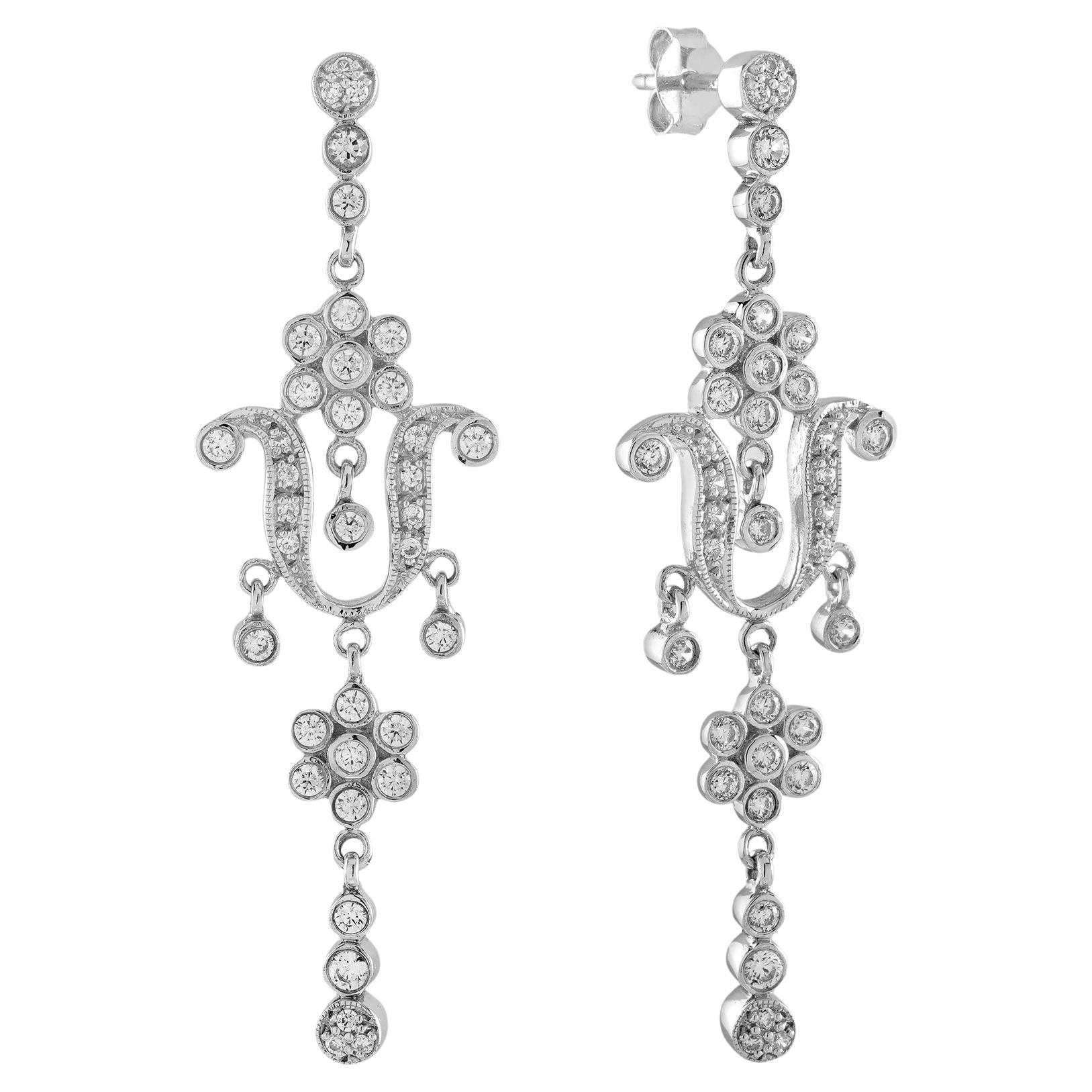 Diamond Edwardian Style Floral Dangle 14K White Gold Drop Earrings For Sale