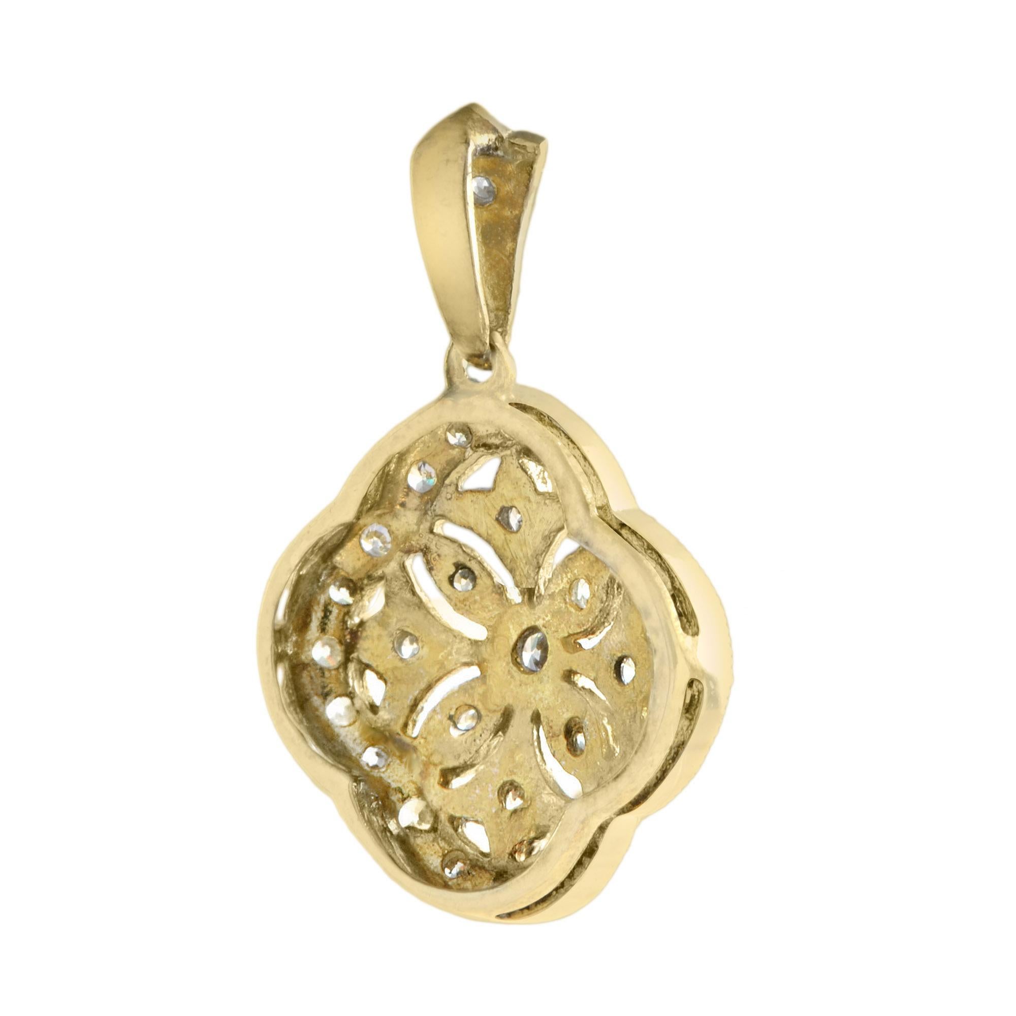 Taglio rotondo Ciondolo floreale con diamante in stile edoardiano in oro bicolore 14K in vendita