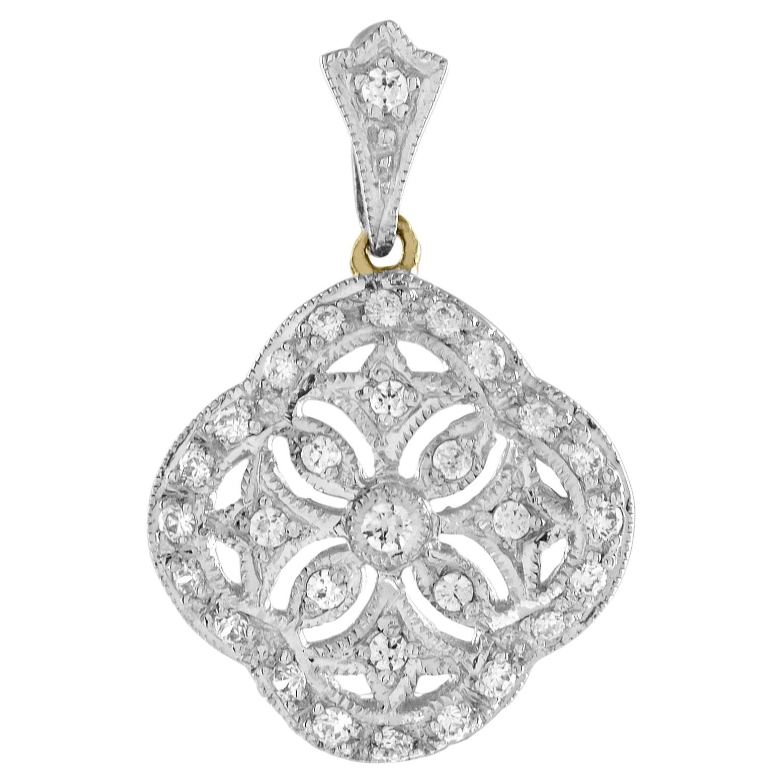 Diamond Edwardian Style Floral Pendant in 14K Two Tone Gold