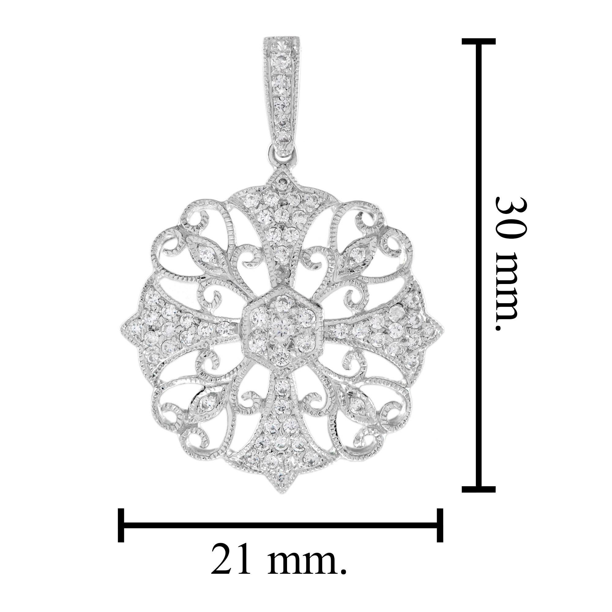 da uomo o donna Ciondolo floreale con diamante in stile edoardiano in oro bianco 14K in vendita