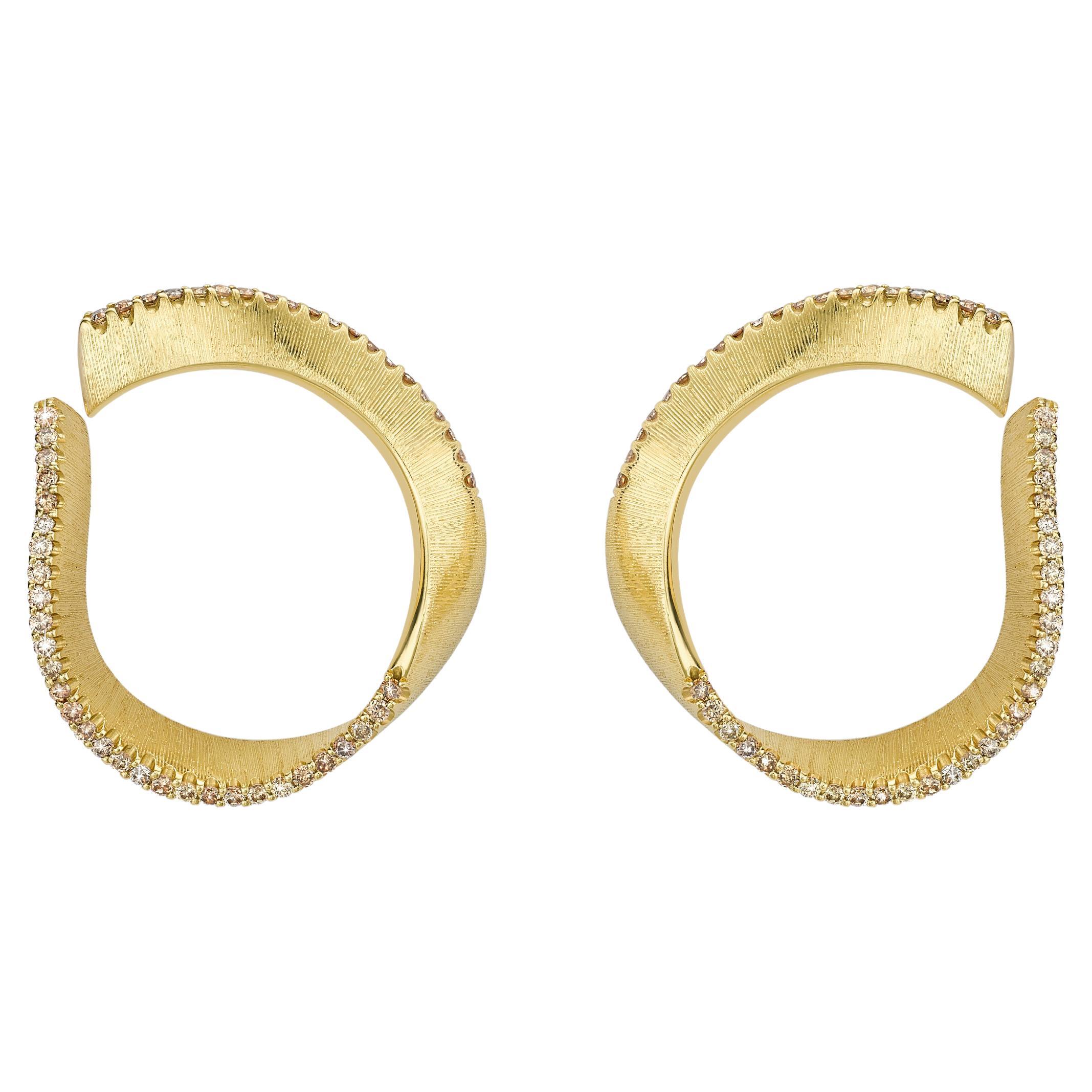 TWIST HOOP EARRINGS  Yellow gold with a warm-tone diamond edge by Liv Luttrell For Sale