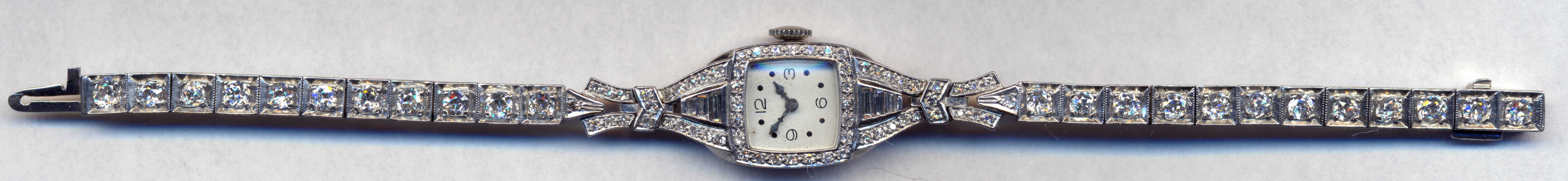 Diamond Elgin Watch Circa 1940's in Platinum 
From Nat to Eva to You
Engraved on the back 