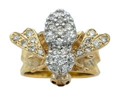 Diamond Embellished Honey Bee Wide Band Ring in Two-Tone 14 Karat Gold