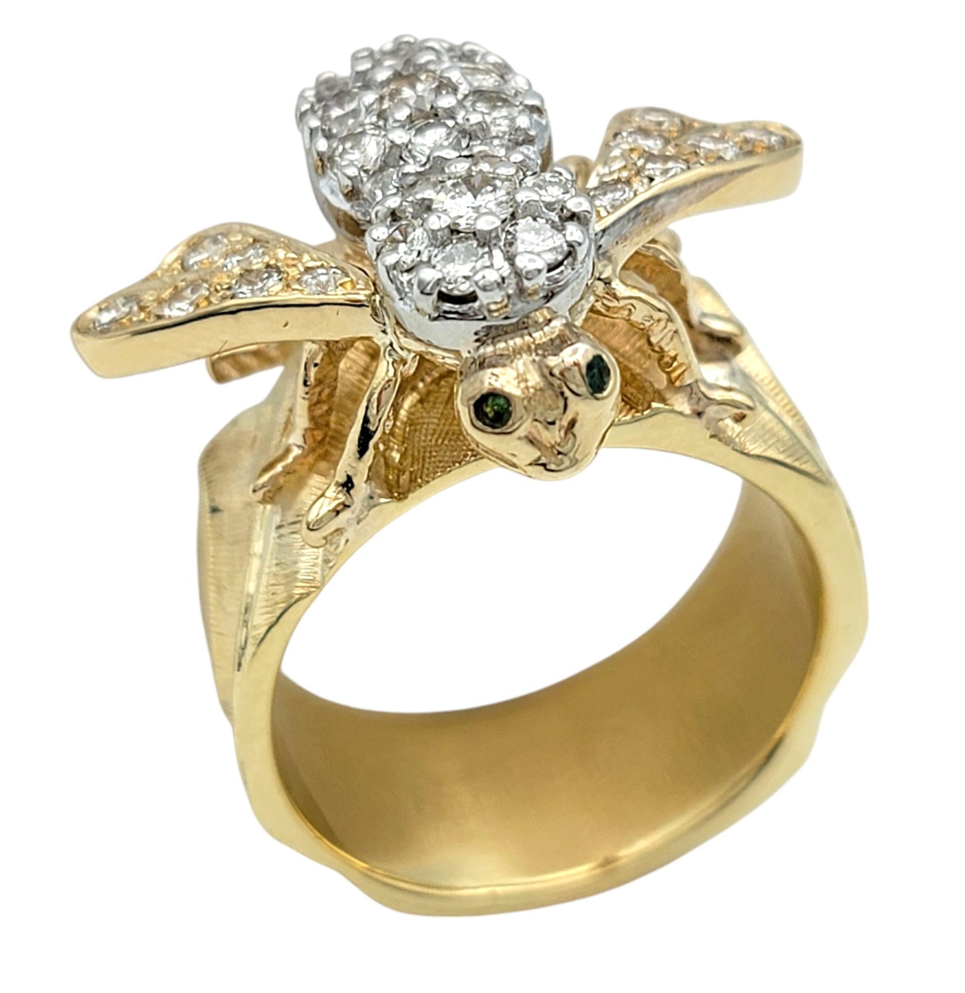 Contemporary Diamond Embellished Honey Bee Wide Band Ring in Two-Tone 14 Karat Gold For Sale