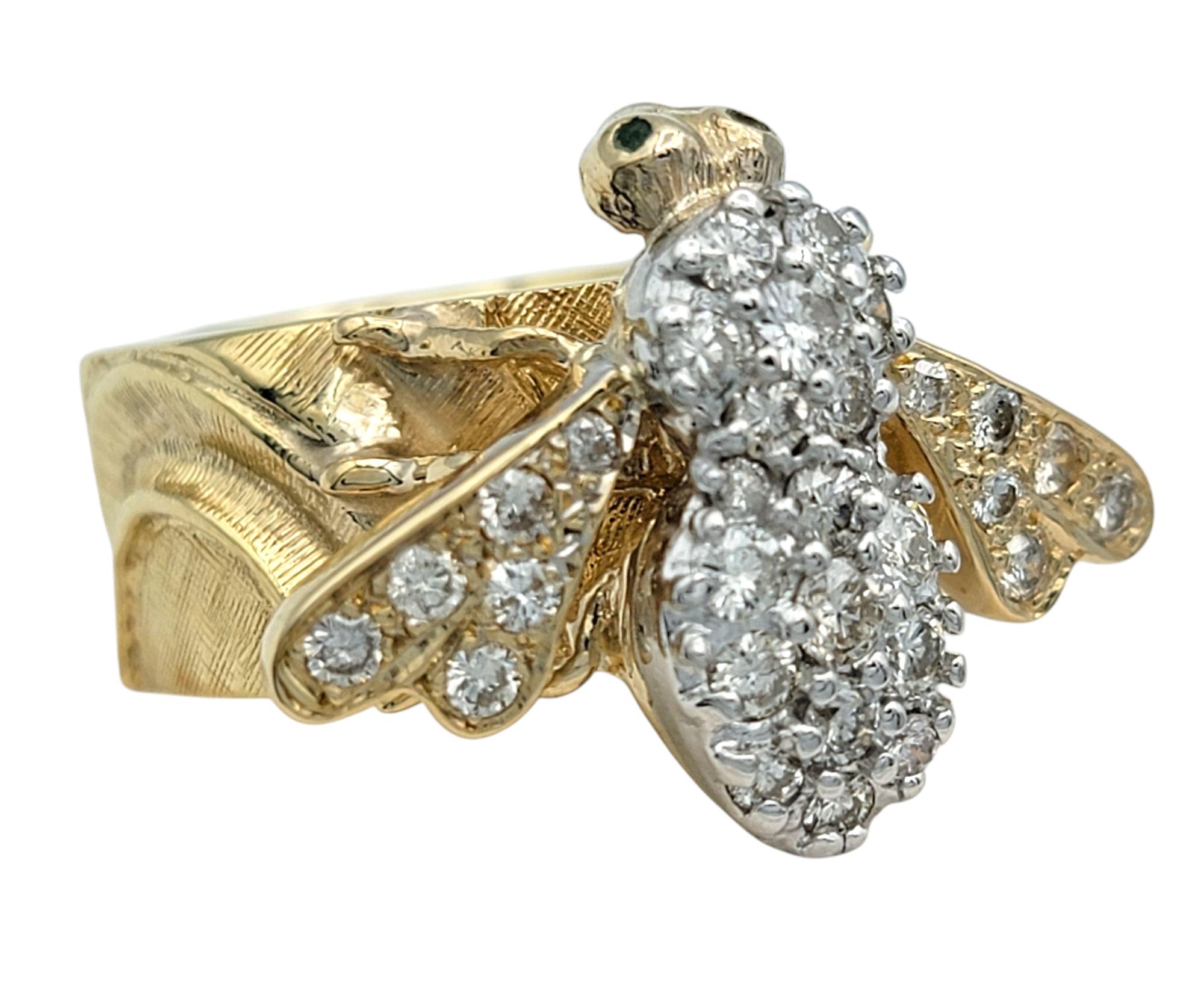 Round Cut Diamond Embellished Honey Bee Wide Band Ring in Two-Tone 14 Karat Gold For Sale