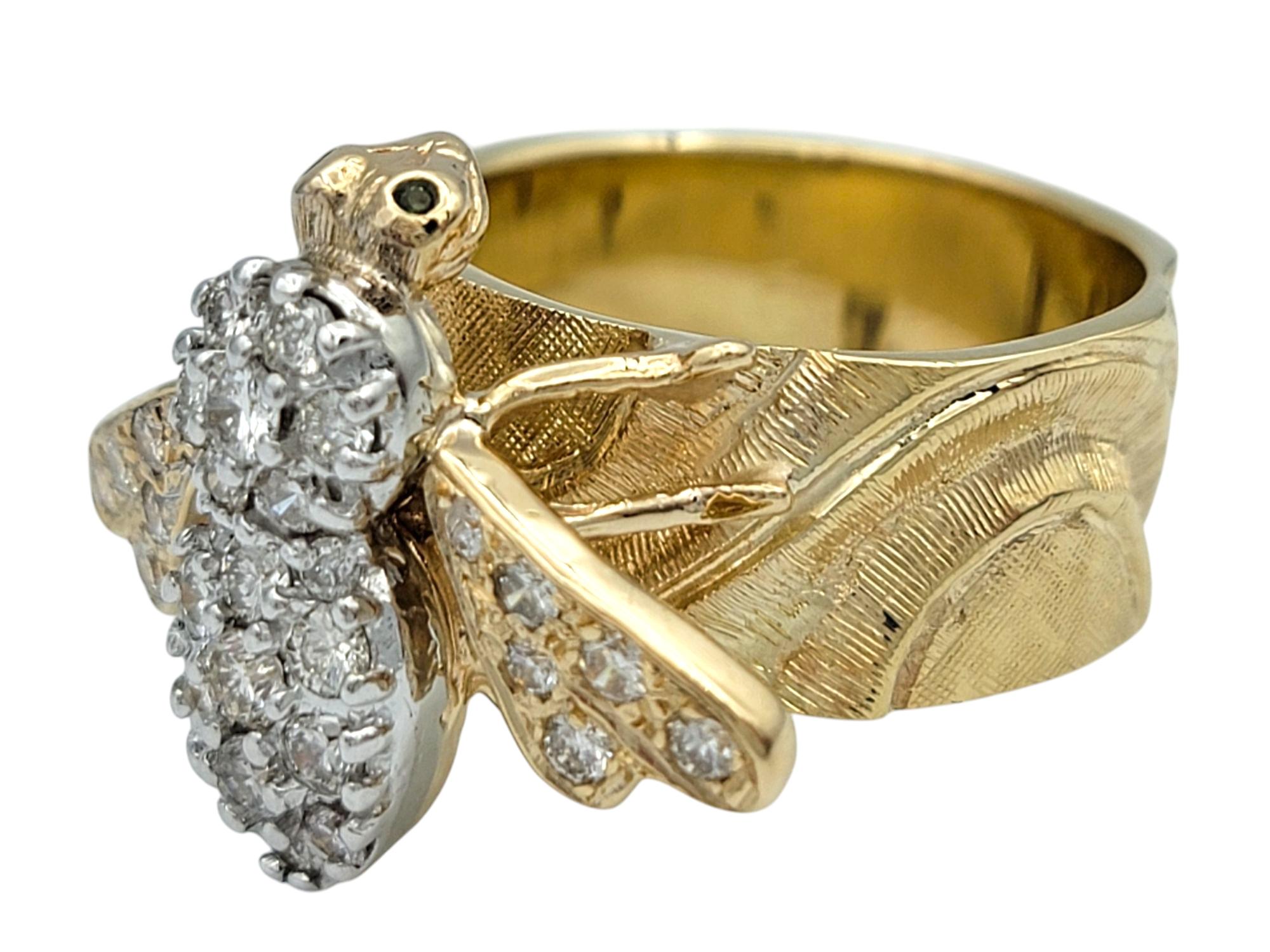 Diamond Embellished Honey Bee Wide Band Ring in Two-Tone 14 Karat Gold In Good Condition For Sale In Scottsdale, AZ