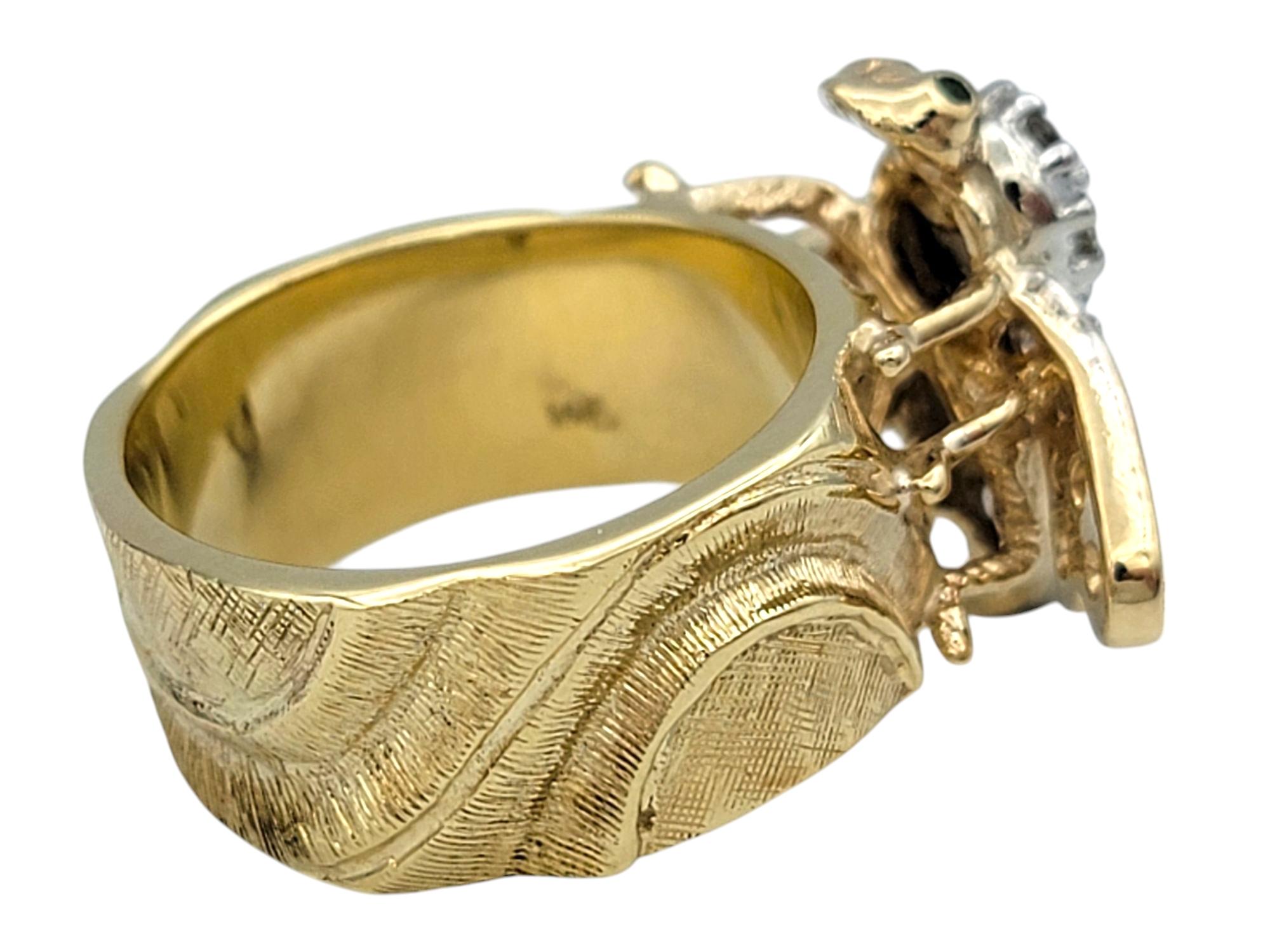 Women's or Men's Diamond Embellished Honey Bee Wide Band Ring in Two-Tone 14 Karat Gold For Sale