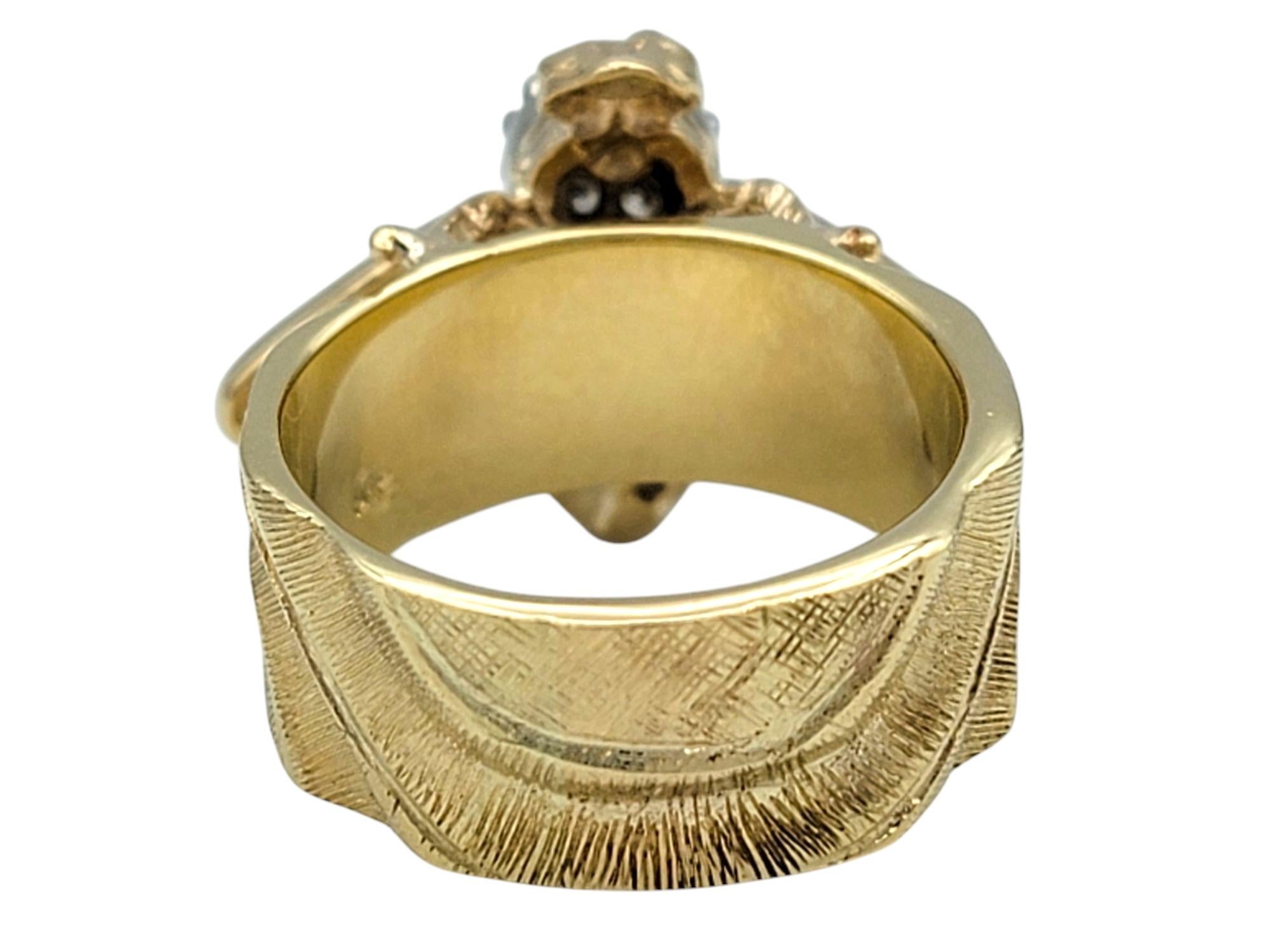 Diamond Embellished Honey Bee Wide Band Ring in Two-Tone 14 Karat Gold For Sale 1