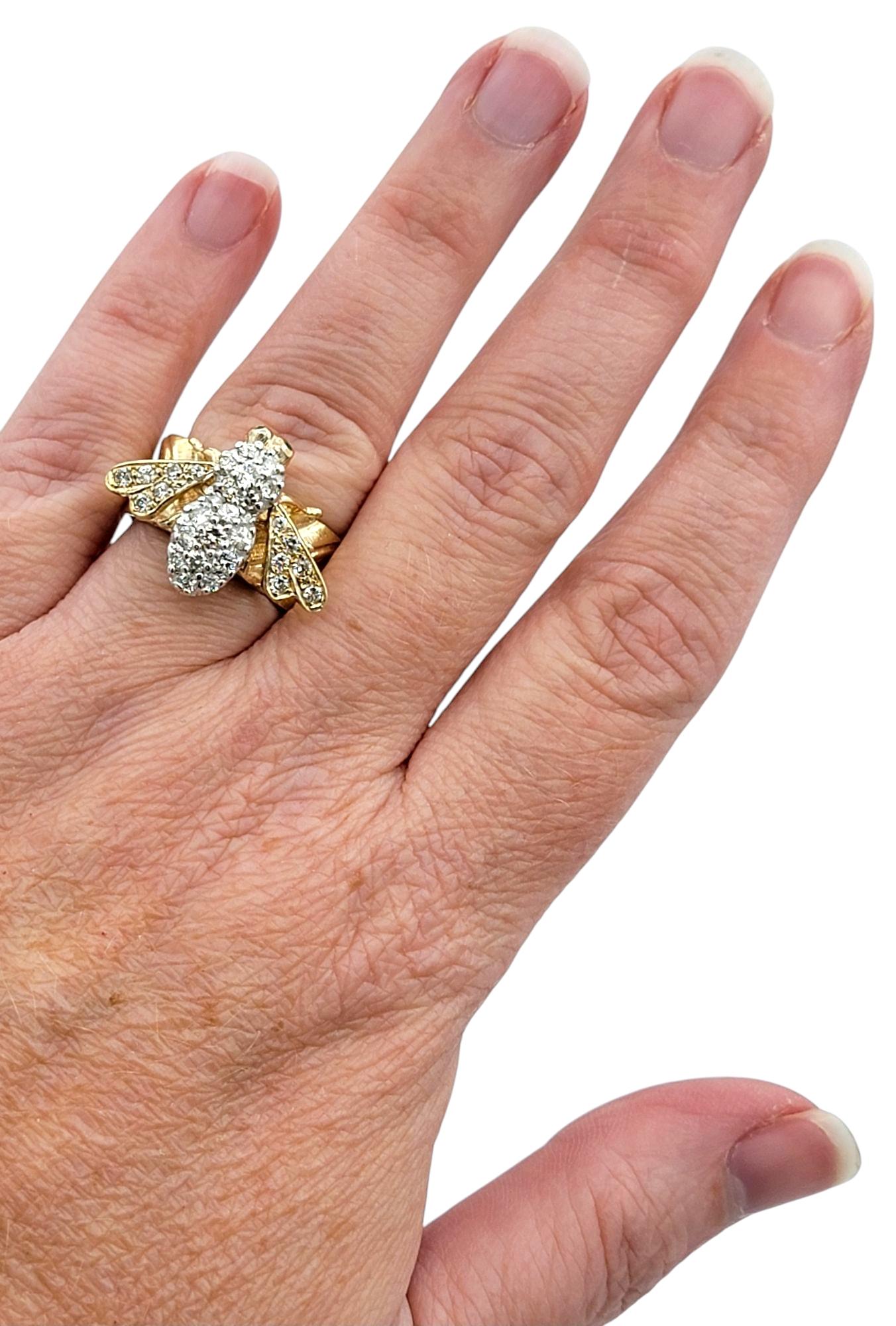 Diamond Embellished Honey Bee Wide Band Ring in Two-Tone 14 Karat Gold For Sale 3
