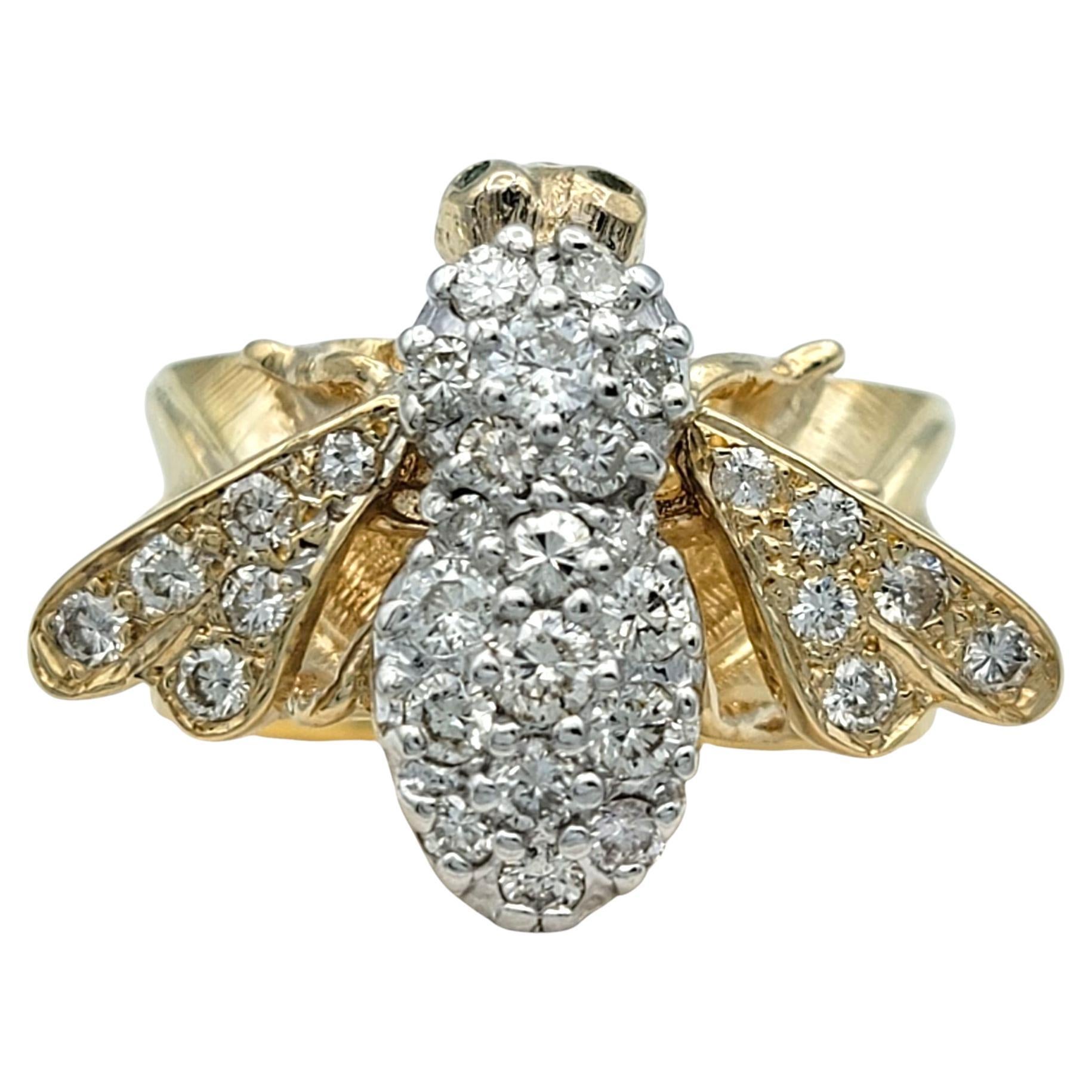 Diamond Embellished Honey Bee Wide Band Ring in Two-Tone 14 Karat Gold