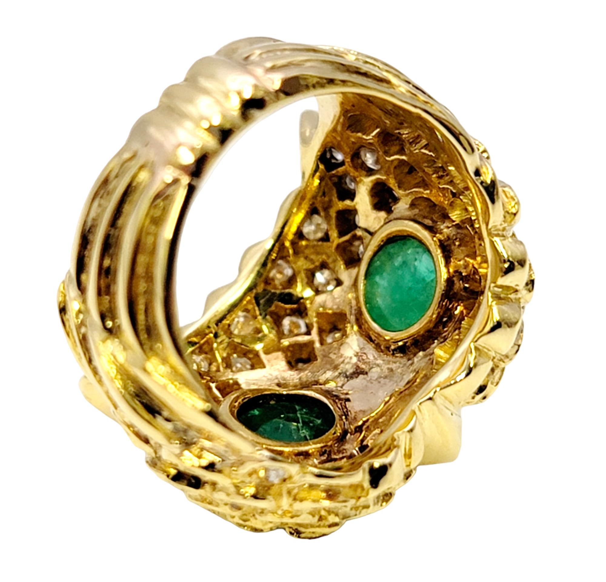 Diamond Embellished Owl Ring with Cabochon Emerald Eyes in 14 Karat Yellow Gold For Sale 2