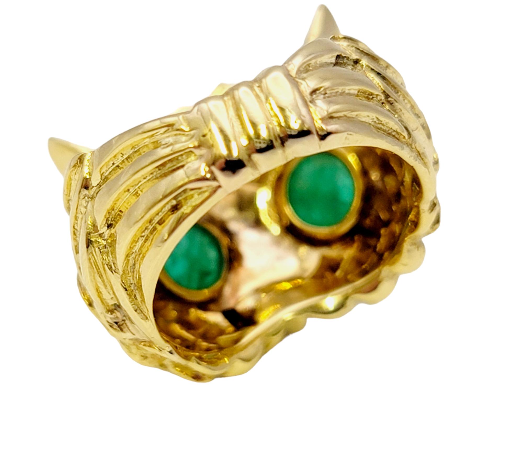 Diamond Embellished Owl Ring with Cabochon Emerald Eyes in 14 Karat Yellow Gold For Sale 3