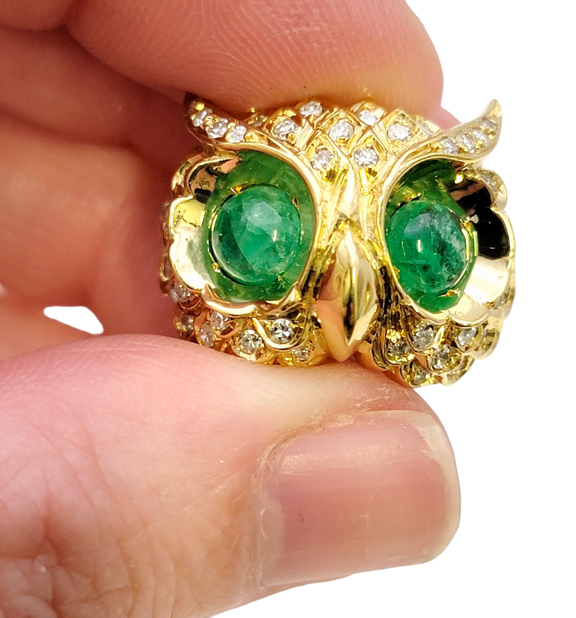 Diamond Embellished Owl Ring with Cabochon Emerald Eyes in 14 Karat Yellow Gold For Sale 4