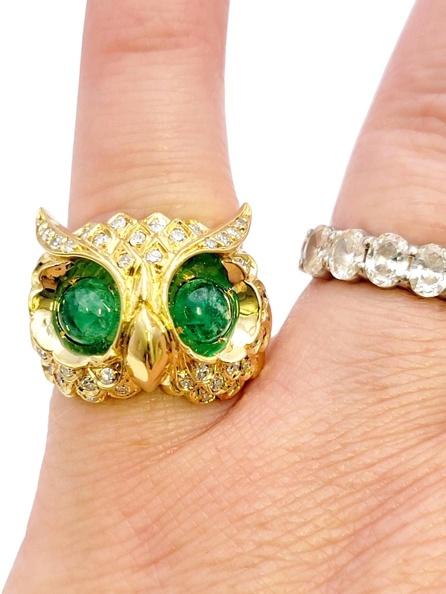 Diamond Embellished Owl Ring with Cabochon Emerald Eyes in 14 Karat Yellow Gold For Sale 5