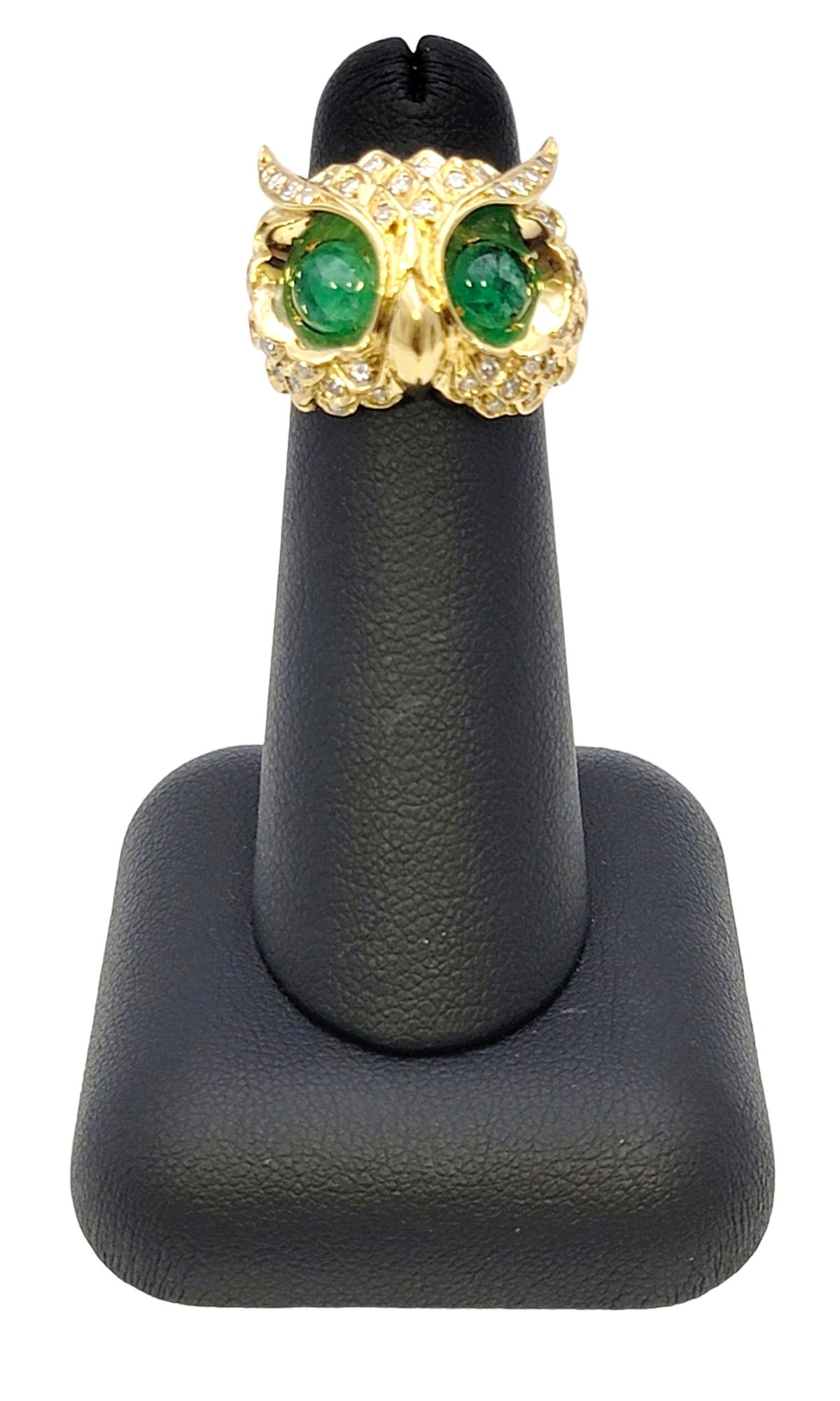 Diamond Embellished Owl Ring with Cabochon Emerald Eyes in 14 Karat Yellow Gold For Sale 6
