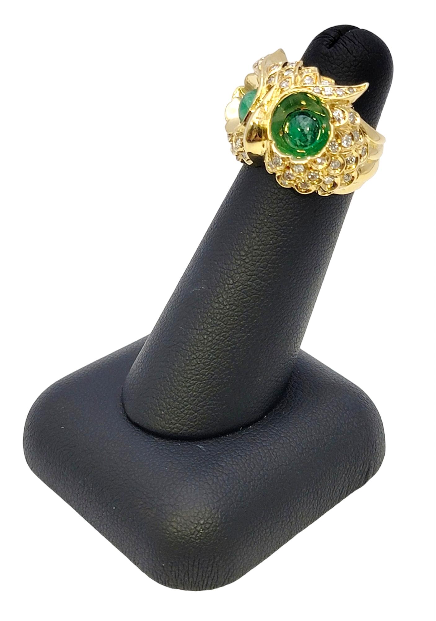Diamond Embellished Owl Ring with Cabochon Emerald Eyes in 14 Karat Yellow Gold For Sale 7