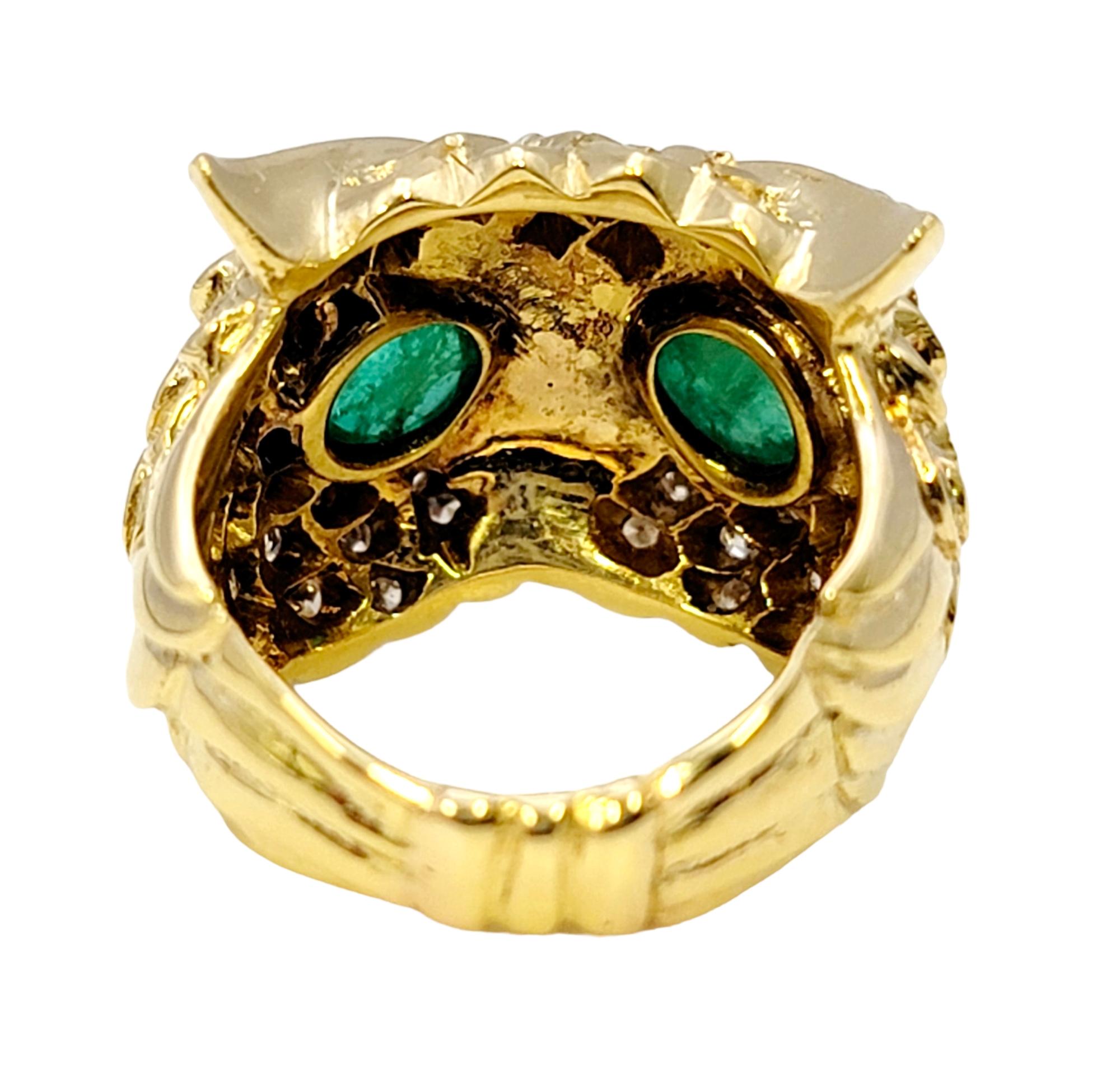 Contemporary Diamond Embellished Owl Ring with Cabochon Emerald Eyes in 14 Karat Yellow Gold For Sale